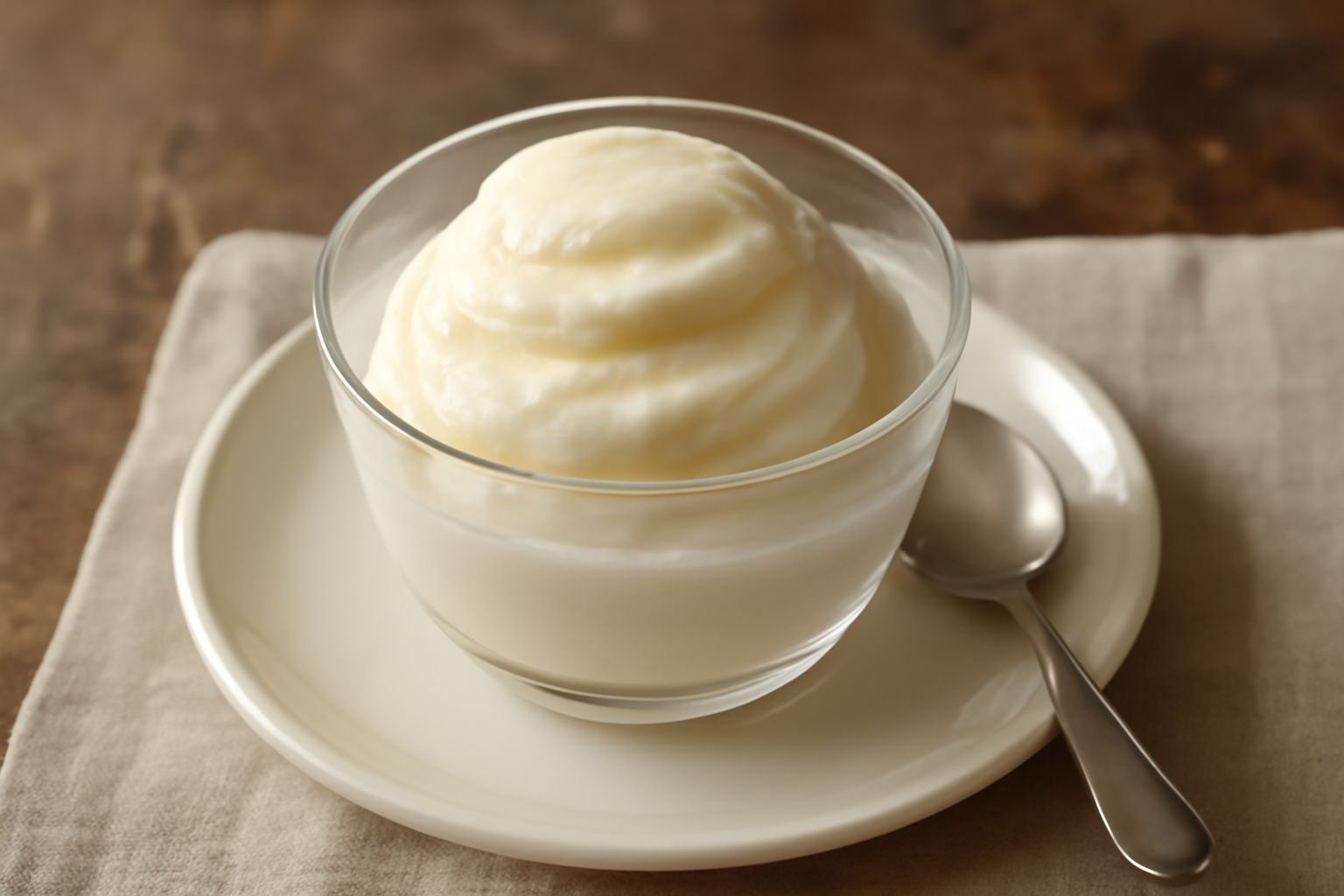 Gelato di latte bianco panna in coppetta di vetro, due palette in acciaio appoggiate sul bordo, superficie liscia e lucida, su fondo beige chiaro