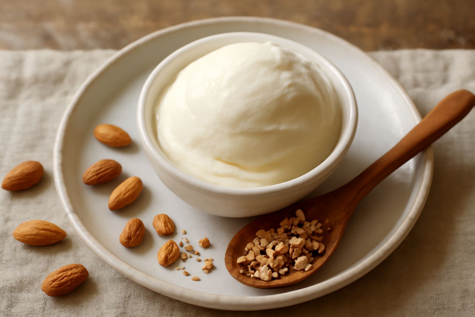 Gelato bianco e cremoso di latte di mandorla in coppetta di vetro, guarnito con granella di mandorle tostate, cucchiaio di legno accanto, su fondo marmo chiaro