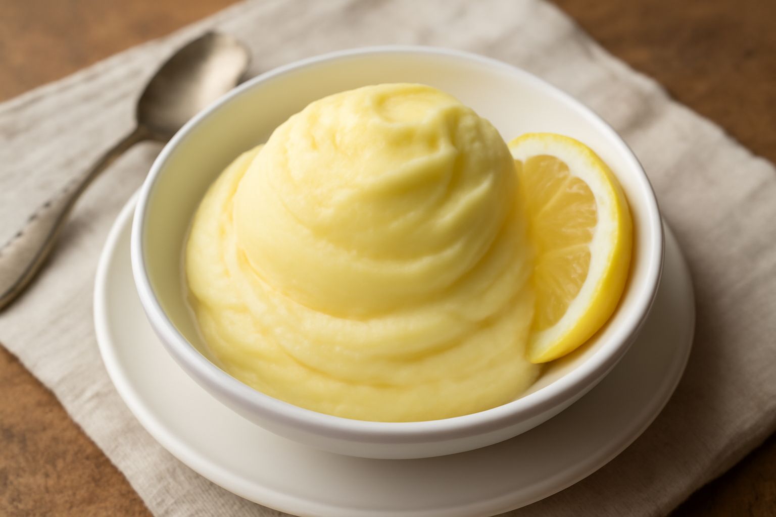 Coppetta di gelato di limone di colore giallo pallido, cremoso, con una guarnizione di scorza di limone fresco e qualche goccia di succo sulla superficie