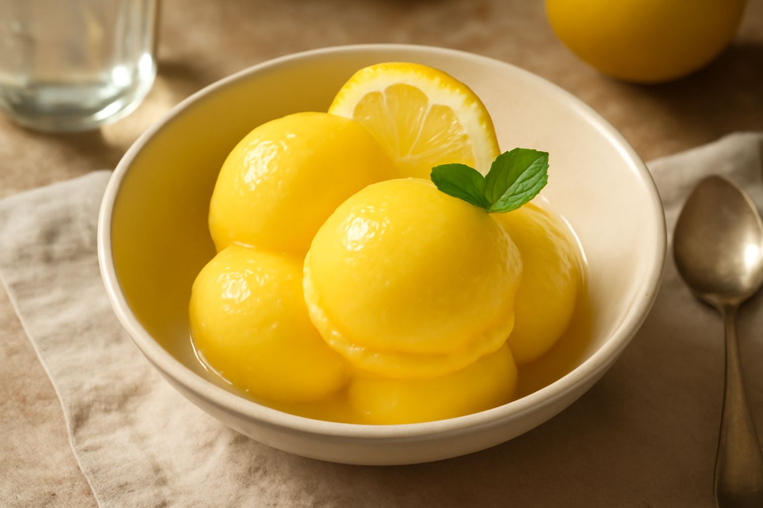 Gelato di limone di color giallo paglia in coppa di vetro, con tre palline lisce e lucide, guarnito con una fettina sottile di limone fresco e una foglia di menta verde sul bordo