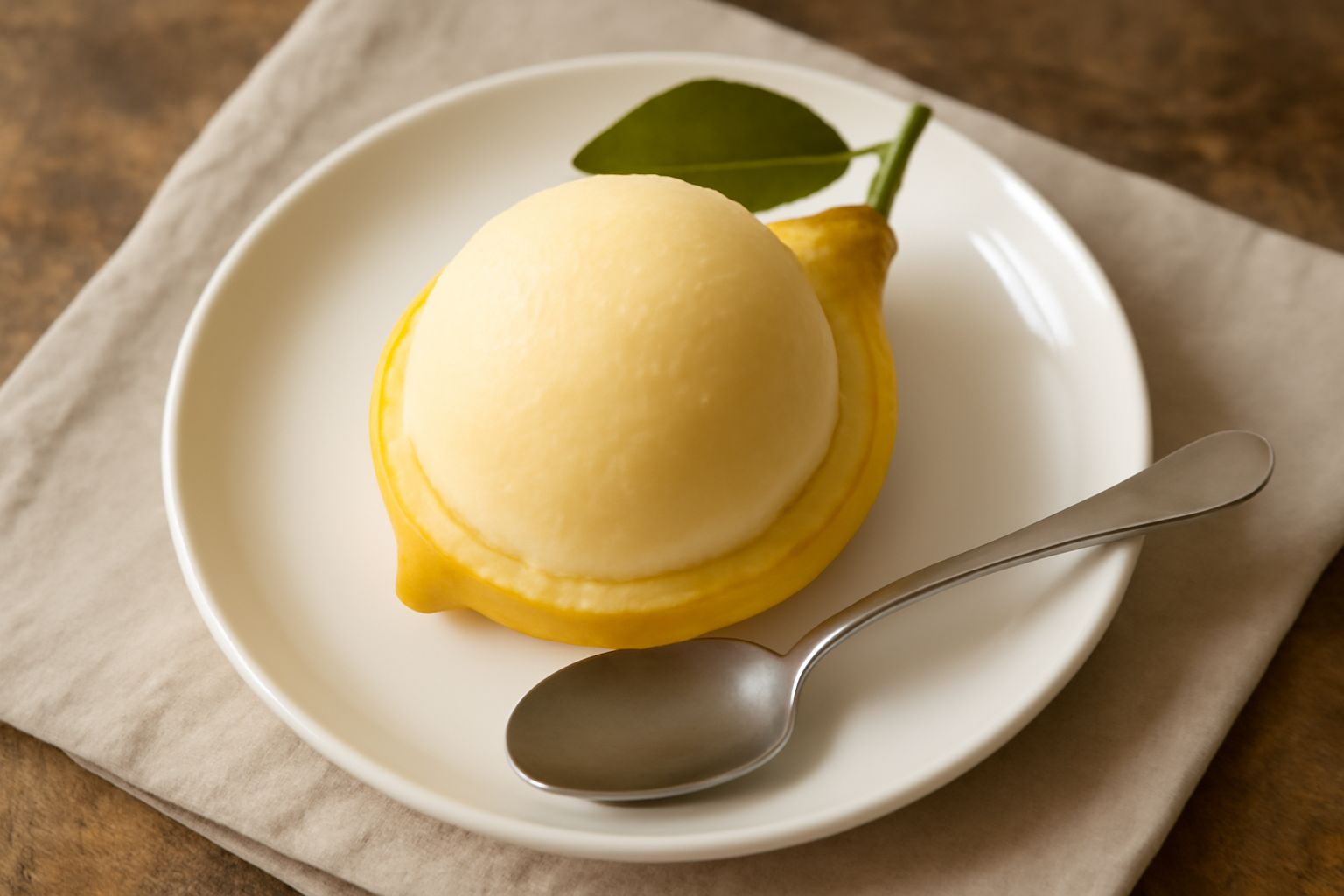 Una coppa di gelato di limone di Sfusato di color giallo chiaro, cremoso e liscio, servito con una pallina tonda ben definita, guarnito con una sottile fetta di limone e una foglia di menta fresca, in