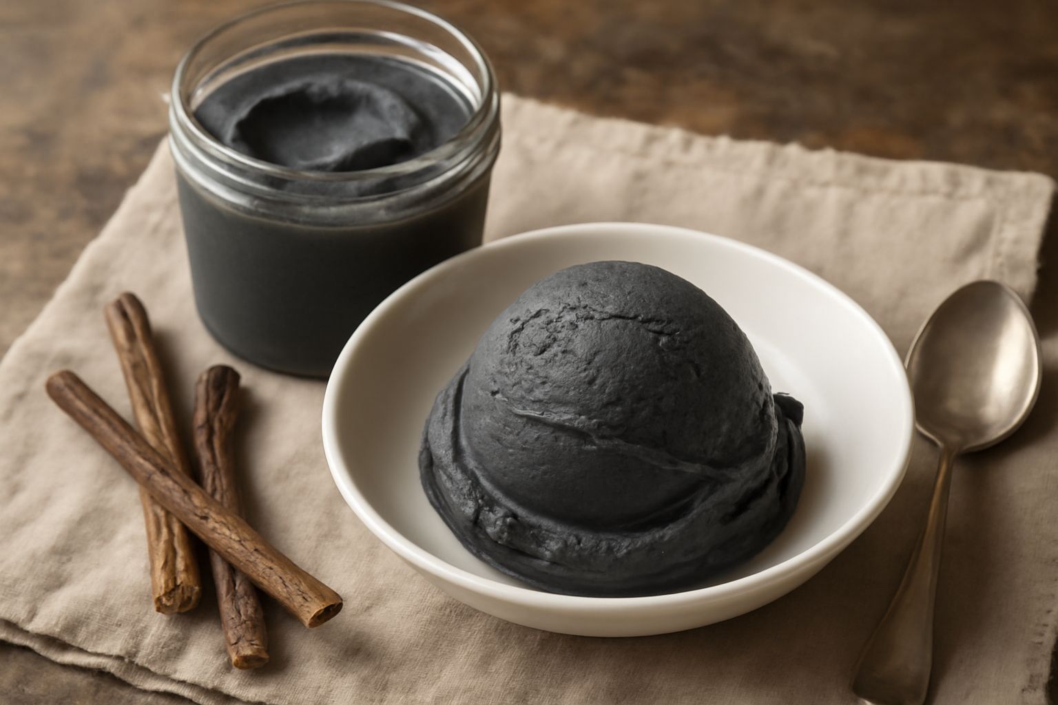 Gelato di liquirizia di colore grigio scuro, servito in una coppetta di vetro, impiattato con una cucchiaiata morbida e compatta, con una guarnizione di bastoncini di liquirizia al lato