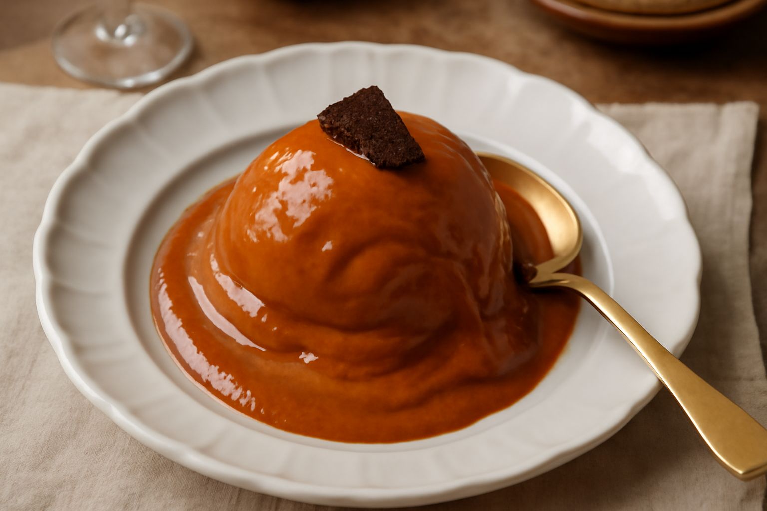 Coppetta di gelato color ambra scuro con striature di liquore amaro, superficie liscia e lucida, guarnito con una fetta sottile di scorza d'arancia candita, posato su un piattino in ceramica bianca co