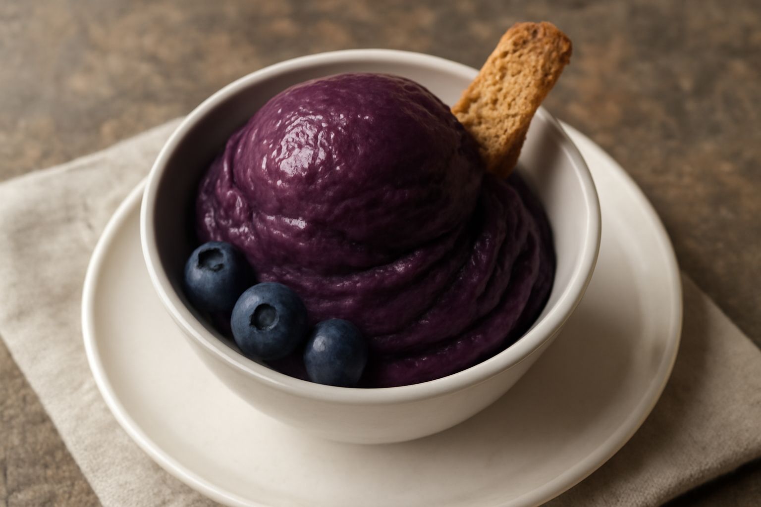 Gelato di liquore di mirti in una coppetta di vetro trasparente, colore viola scuro profondo, con superficie liscia e lucida, decorato con una foglia fresca di mirtillo sulla sommità e un cucchiaio di