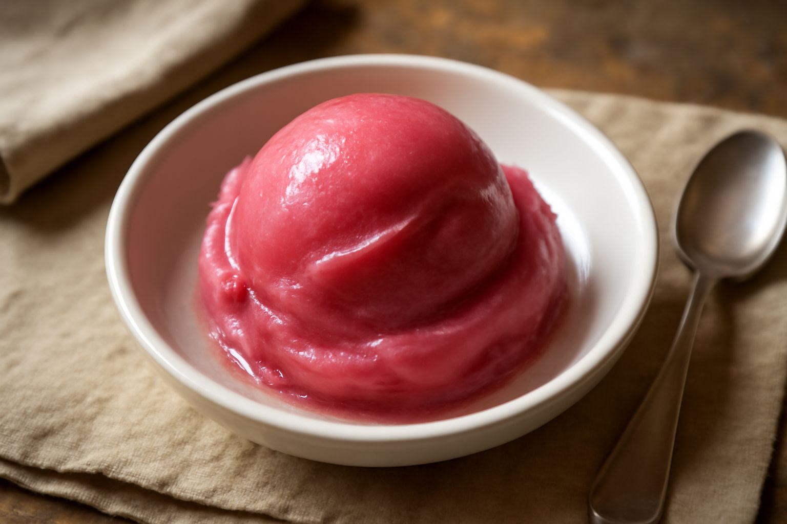 Gelato al lambrusco di colore rosa pallido, servito in coppetta di vetro con una pallina e mezzo e guarnito con spuma di vino e una fragola fresca sul bordo, sfondo sfumato bianco