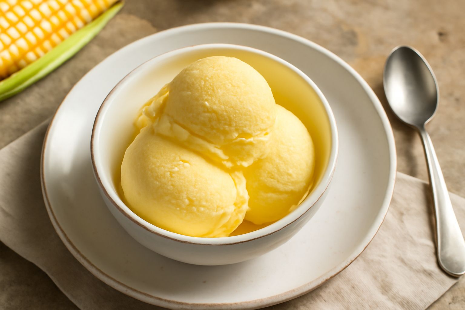 Una coppetta di gelato di mais color giallo chiaro e cremoso, con una guarnizione di chicchi di mais croccanti in superficie e un cucchiaio di legno posato al lato, su un tavolo di legno bianco