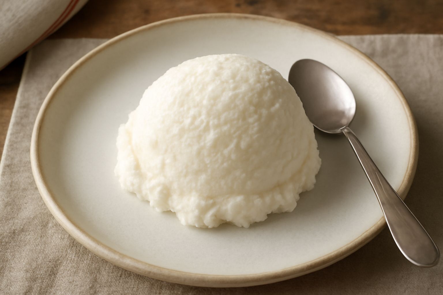 Due coppette di gelato bianco cremoso con cucchiaini di legno, posate su un fondo di legno scuro, superficie liscia e lucida visibile dalle striature della spatola
