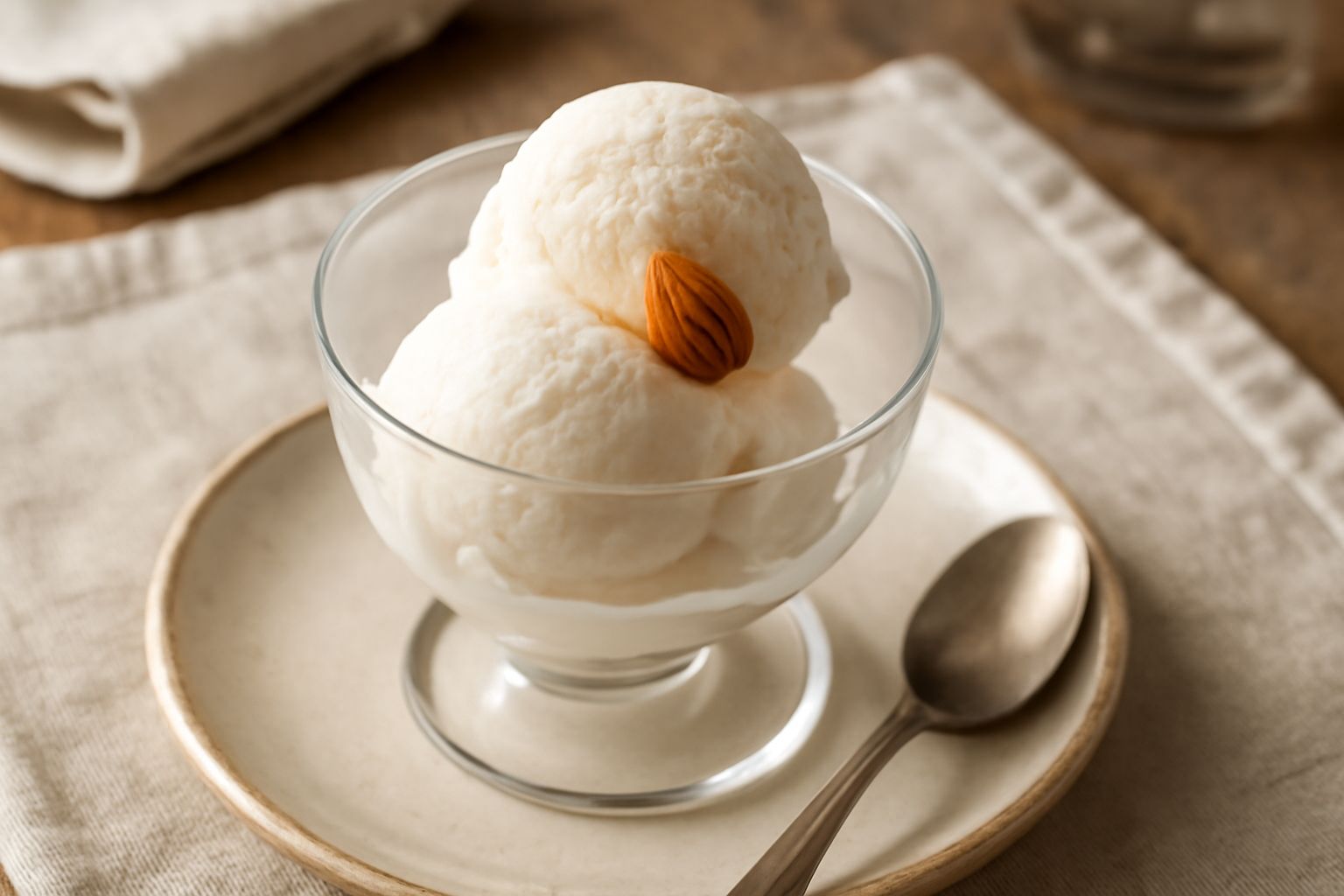 Gelato di mandorla di colore bianco avorio in una coppa di vetro, due palline ammucchiate, guarnito con una mandorla intera e qualche granello di mandorla tritata, con cucchiaio gelato sul bordo