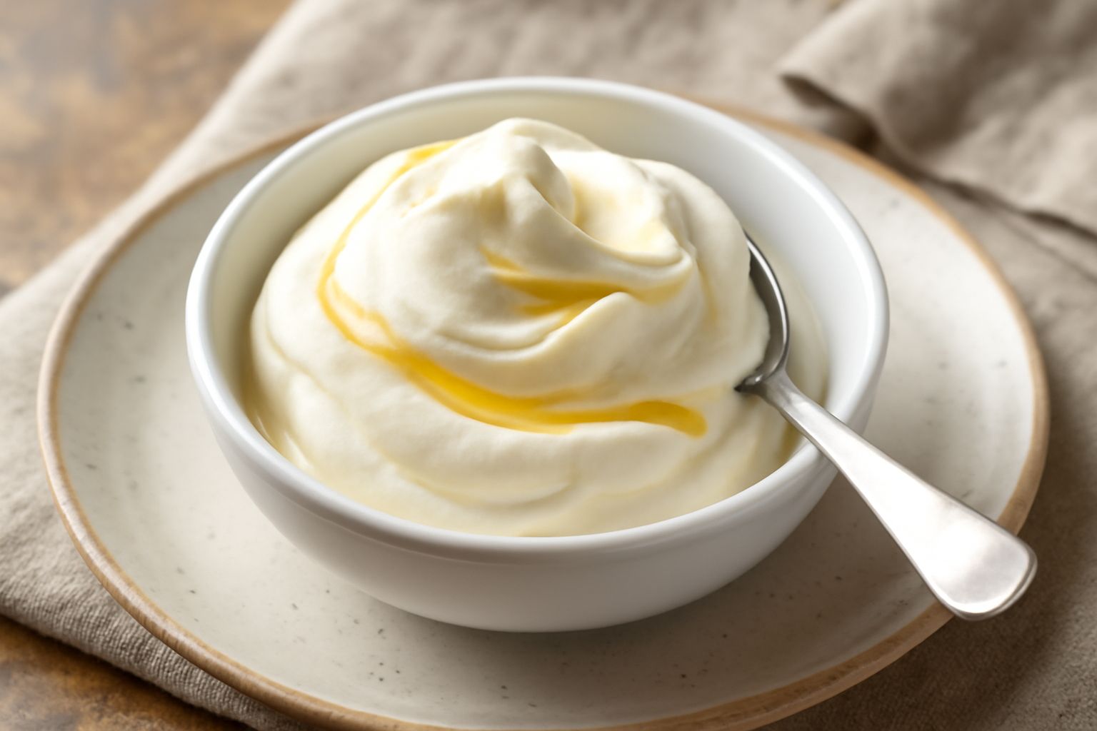 Coppetta di gelato di mascarpone color bianco avorio, cremoso e spumoso, servito con cucchiaino in acciaio, su sfondo bianco con alcune fave di cacao tostate accanto