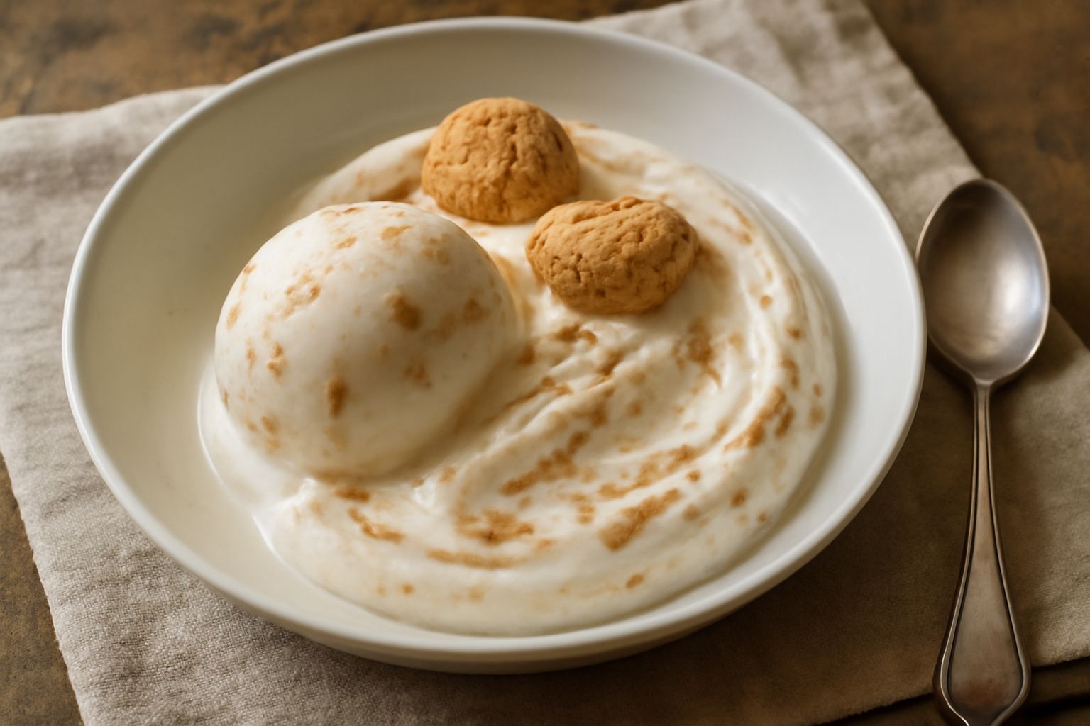 Gelato color avorio con venature di marrone scuro in coppetta bianca, guarnito con un biscotto amaretto intero e briciole dorate in rilievo sulla superficie liscia