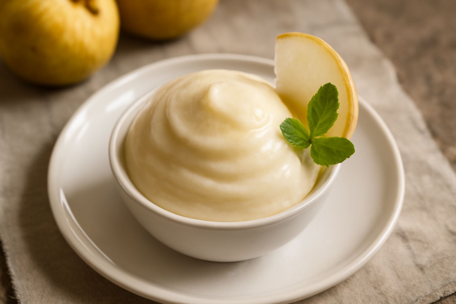 Gelato di mela renetta in coppetta di vetro trasparente, colore bianco crema con sfumature giallo pallido, superficie liscia e luminosa, decorato con una fettina sottile di mela fresca cruda e una fog