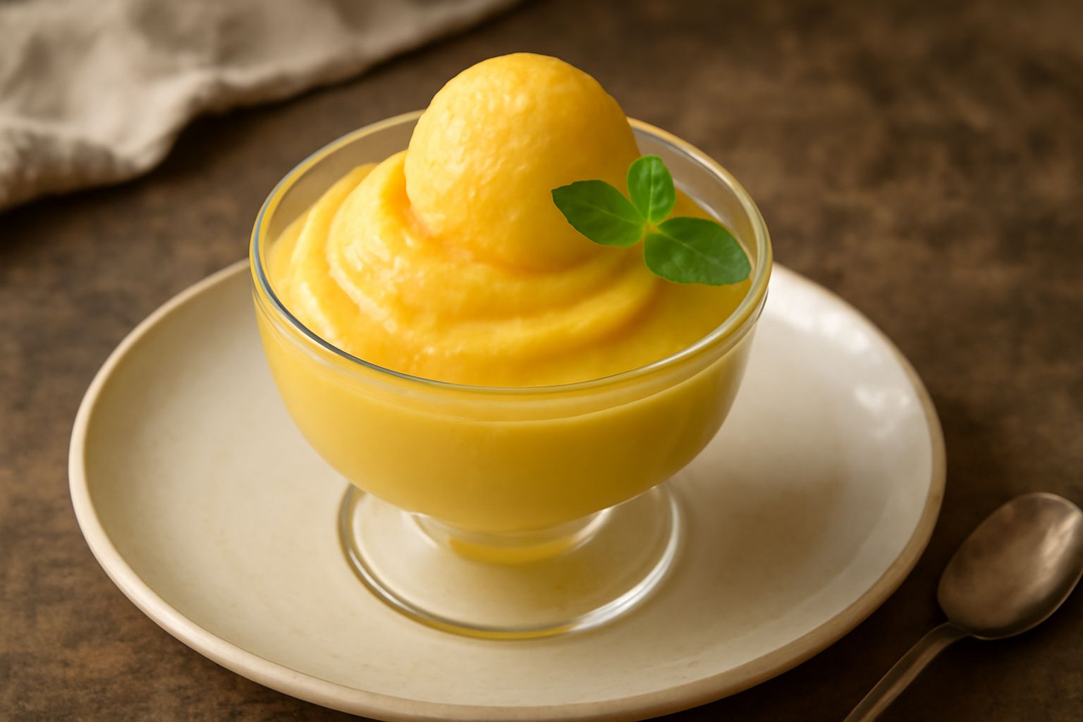 Coppetta di vetro con gelato di melone giallo cremoso, guarnito con un pezzetto di melone fresco e una fogliolina di menta verde, fondo bianco