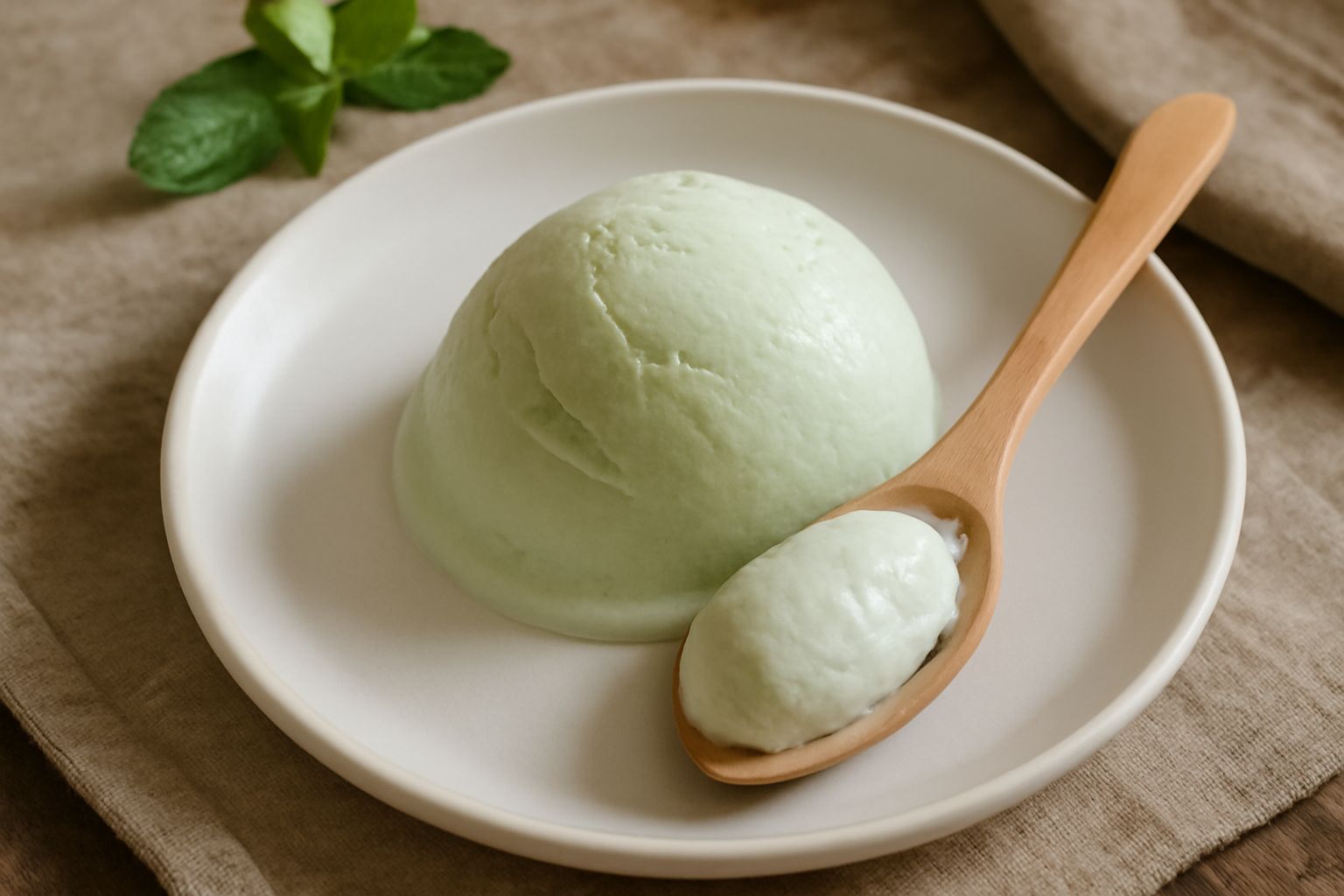 Una coppetta di gelato di menta color verde pallido, servito con due cucchiaini, su un piatto bianco con accanto foglie di menta fresca verde
