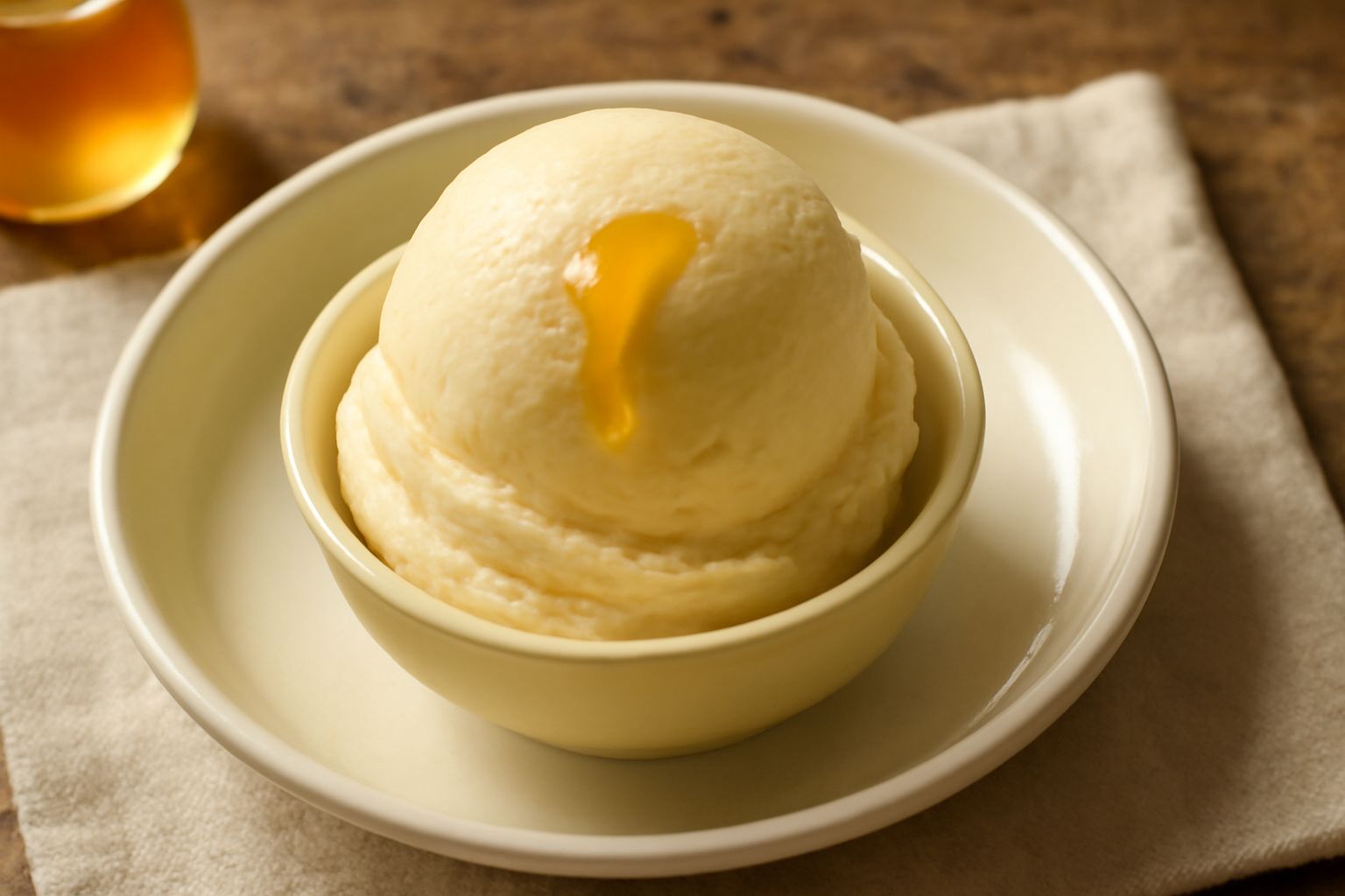 Coppetta di gelato di miele di colore giallo paglierino, cremoso e liscio, guarnito con un cucchiaio di legno e una goccia di miele chiaro sul bordo della coppetta di ceramica bianca