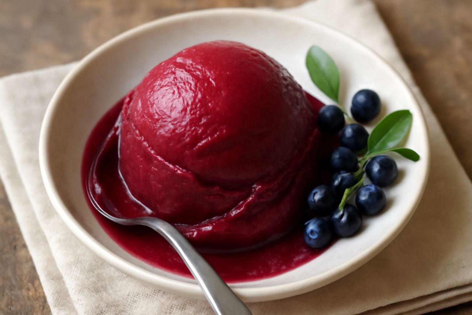 Gelato di mirto di colore rosso-violaceo servito in coppa di vetro con cucchiaio, accompagnato da alcune bacche di mirto fresche sul bordo, sfondo bianco