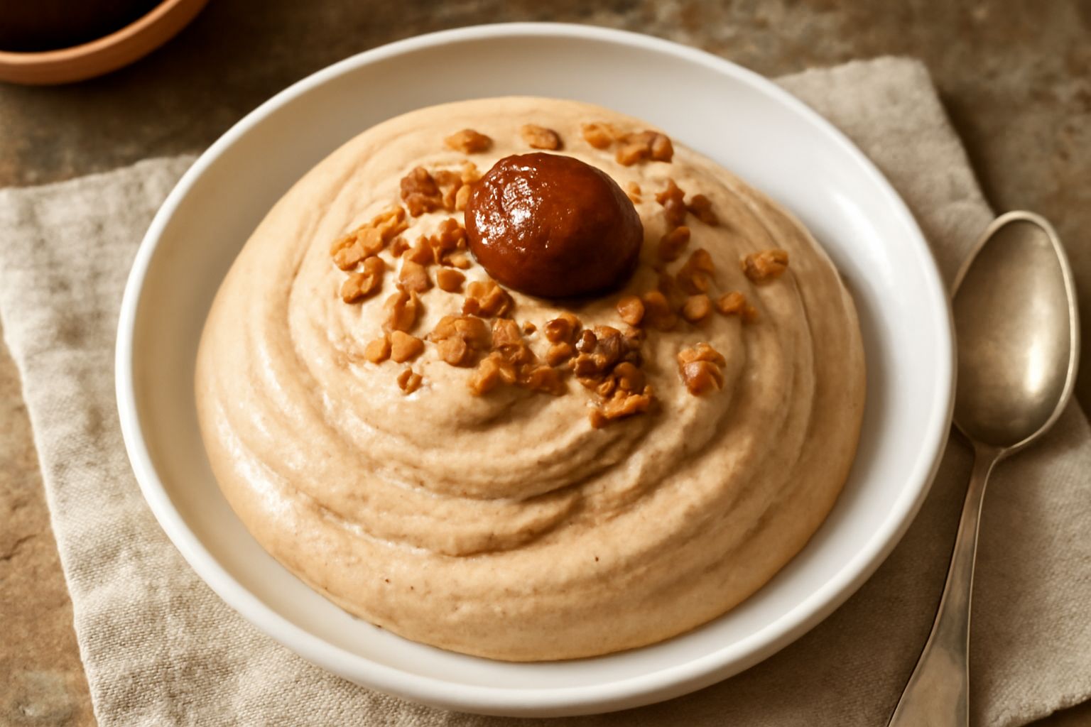 Gelato color nocciola chiaro in coppetta di vetro, guarnito con una castagna glassata intera, pezzetti di marrone croccante e una spirale sottile di salsa di castagna sul bordo