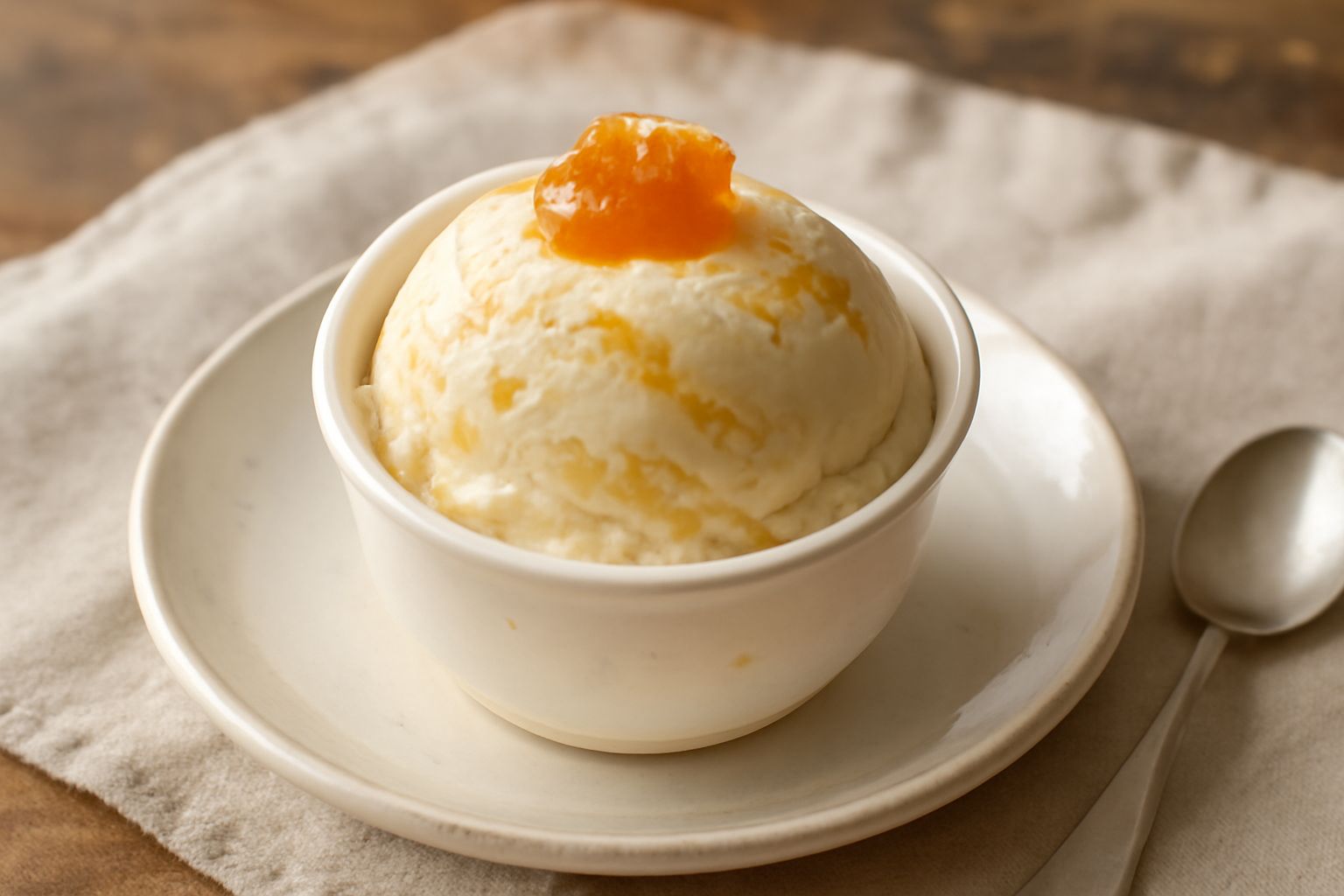Gelato di mostarda in coppetta di vetro trasparente, di colore avorio con striature giallo-dorate, servito con un mestolo di legno e guarnito con una fogliolina di menta fresca