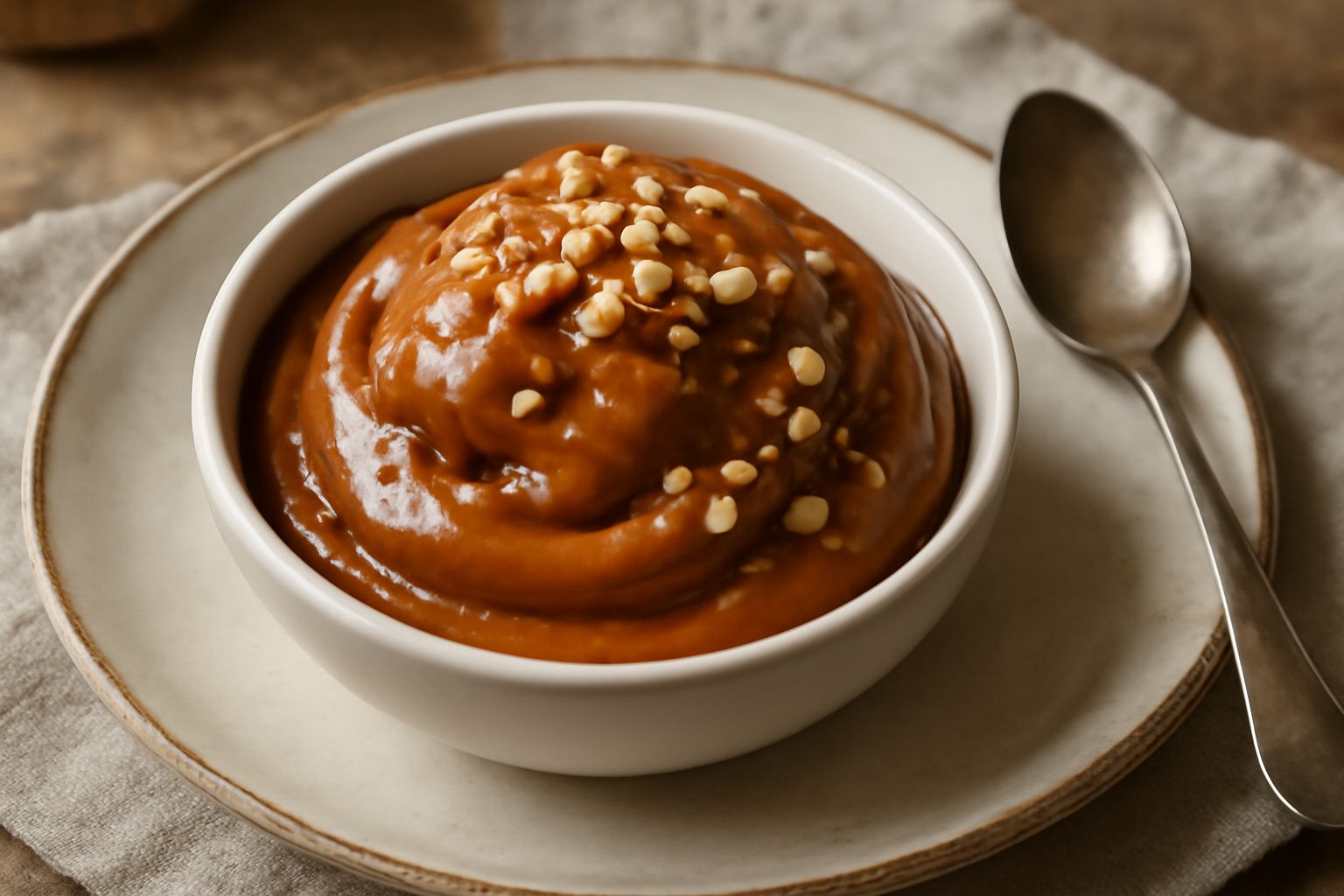 Coppetta di gelato di mosto cotto di colore marrone-ambra con consistenza cremosa, guarnita con una nocciola tostata, su fondo neutro bianco