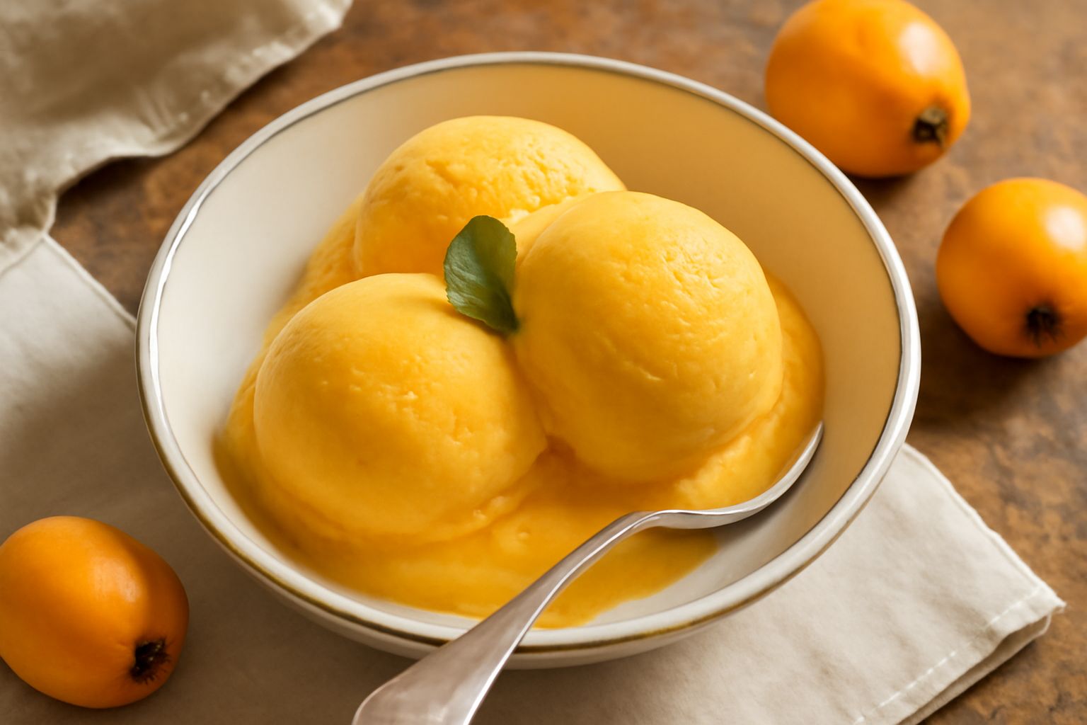 Gelato di nespola di colore giallo-arancio in coppetta di ceramica grigia, con una nespola fresca poggiata sulla superficie, sfondo sfumato bianco e azzurro