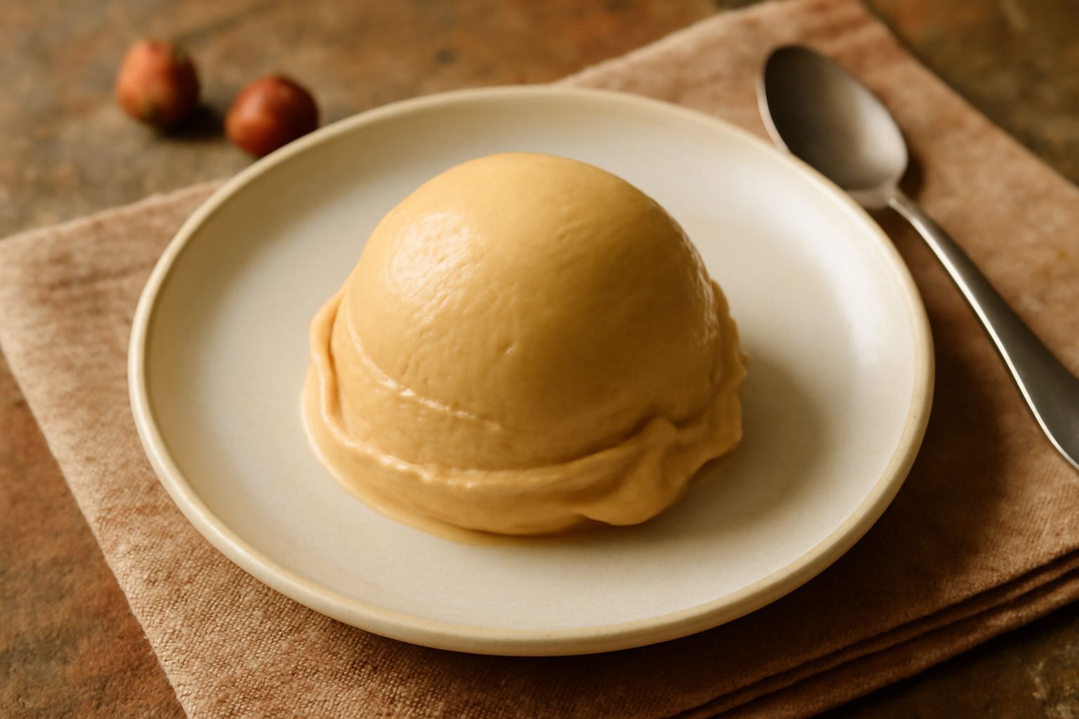 Gelato di nocciola aretina color beige dorato in coppetta trasparente, con cucchiaio di legno, sfondo sfocato chiaro