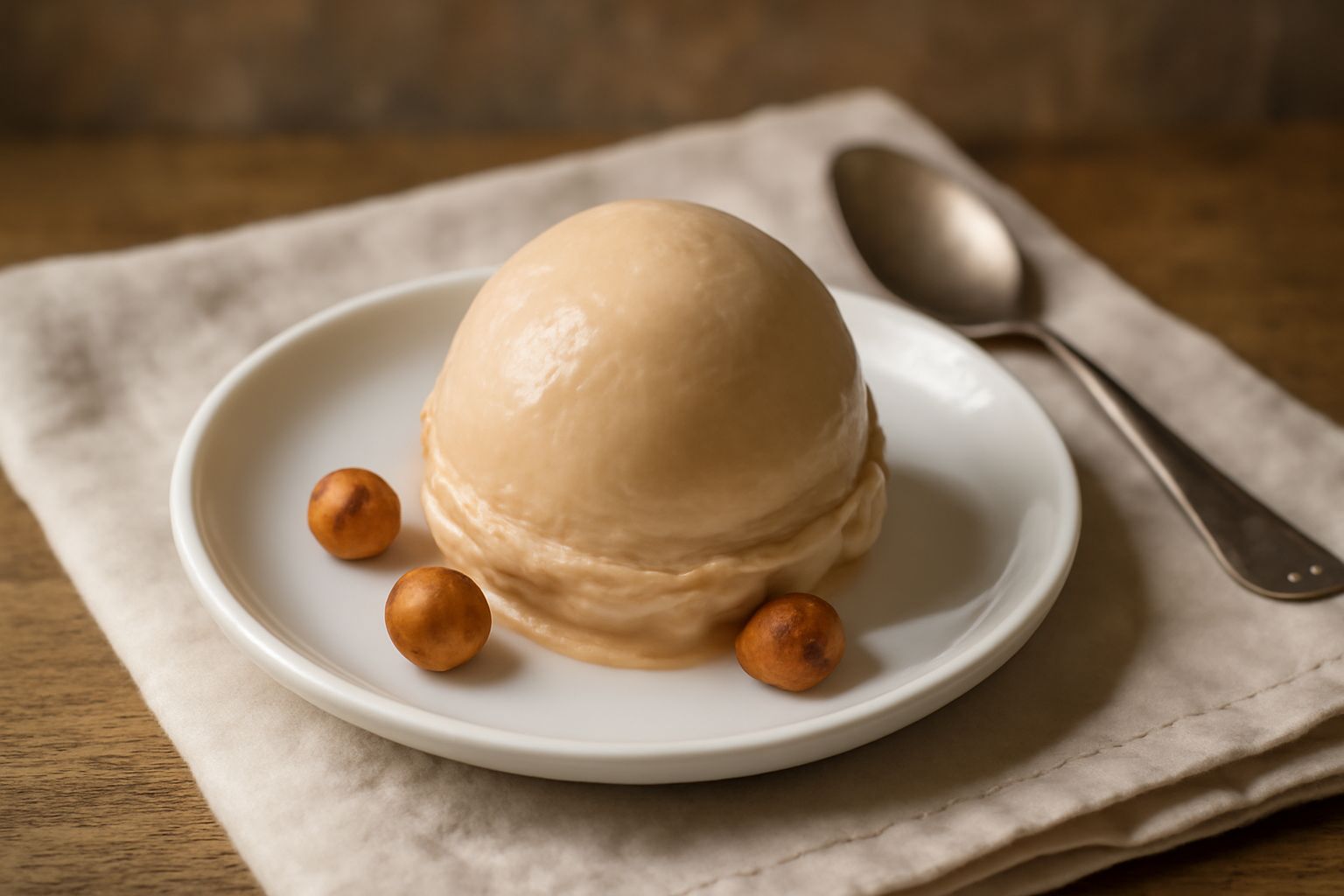 Coppetta di gelato di nocciola color beige scuro, servito con una pallina tonda e liscia, con una nocciola intera appoggiata sul bordo, fondo in sfumatura marrone