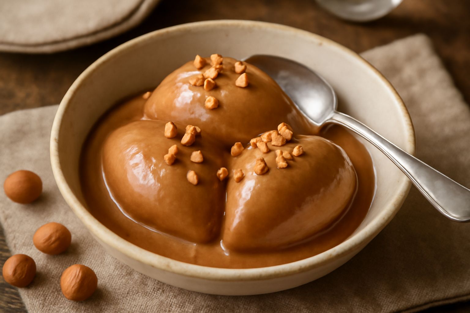 Gelato di nocciola color ambrato scuro servito in coppetta di vetro trasparente, con tre quenelle ben definite, spatolina accanto e sfondo neutro grigio chiaro