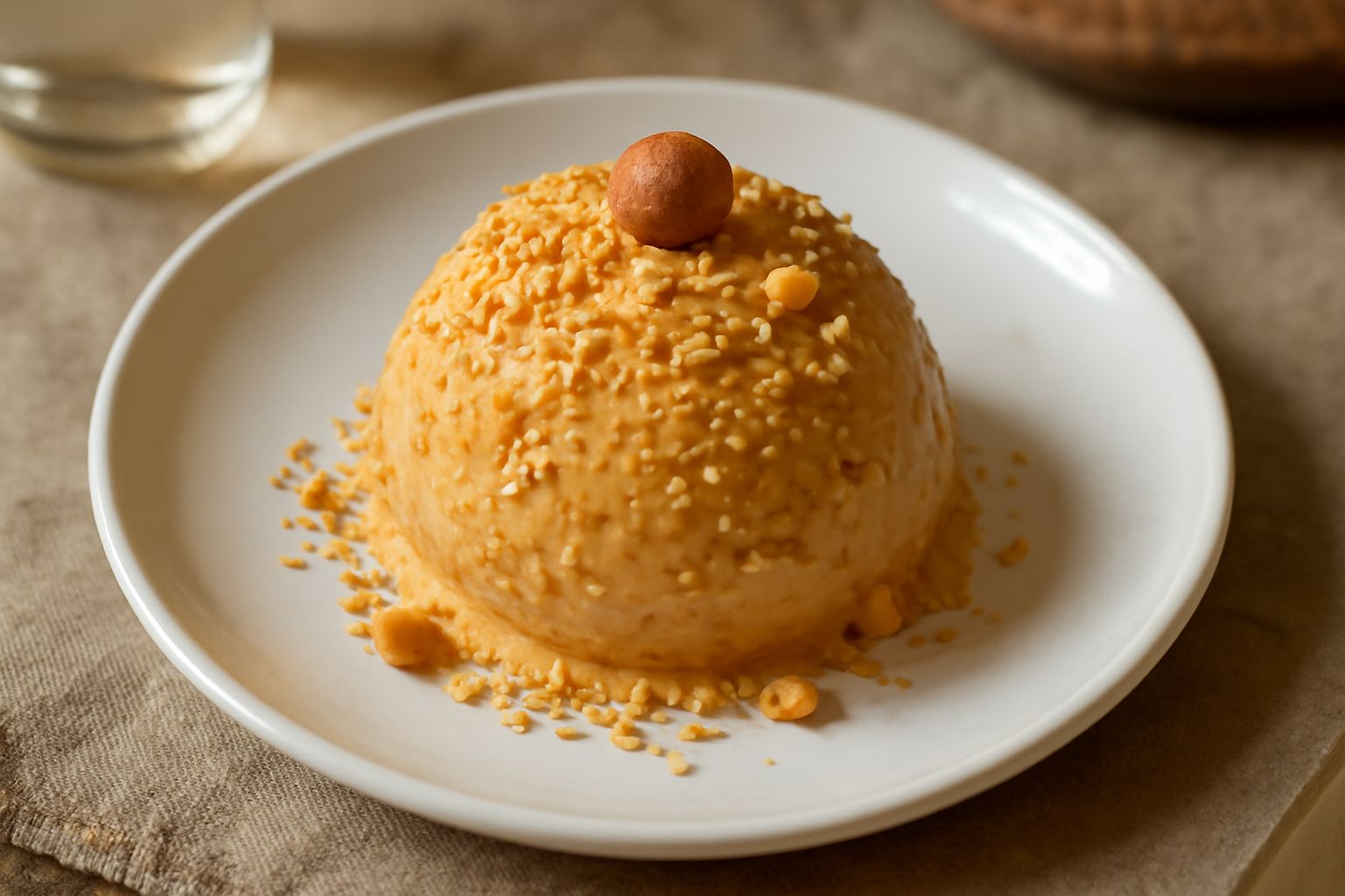 Coppetta di gelato beige dorato con nocciola tostata intera adagiata sulla superficie, servito in bicchiere trasparente con cucchiaio in acciaio, sfondo bianco neutro