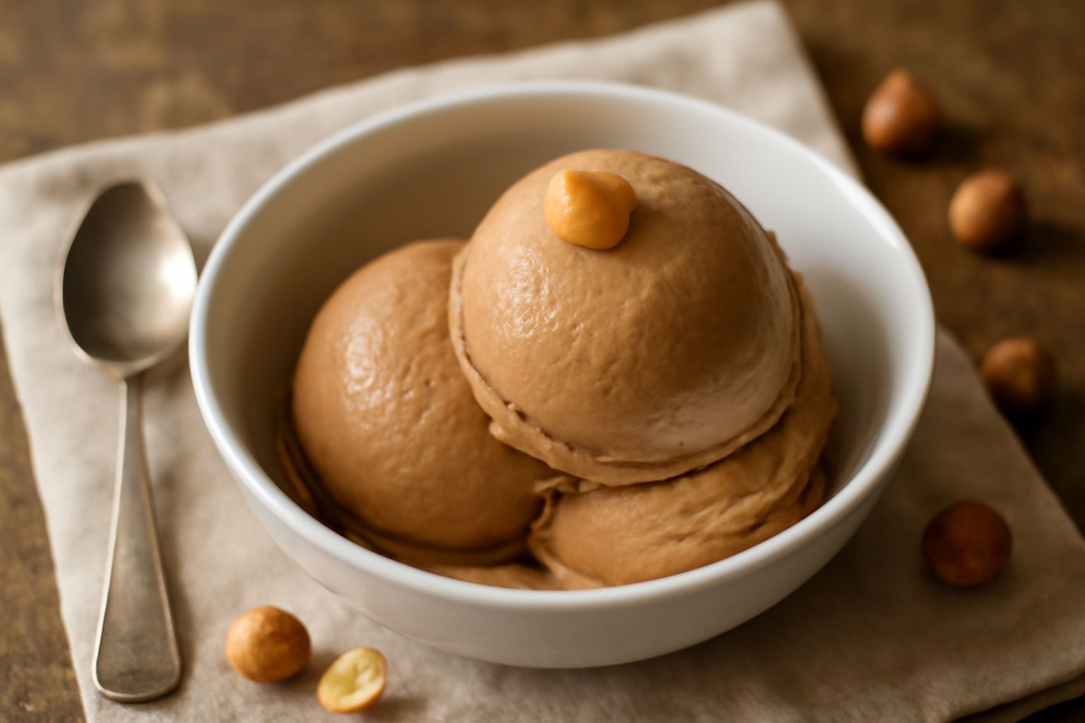 Gelato di nocciola in coppa di vetro, color marrone nocciola intenso, due palline tonde e lisce, guarnita con una nocciola intera tostata in cima, cucchiaio di gelato accanto