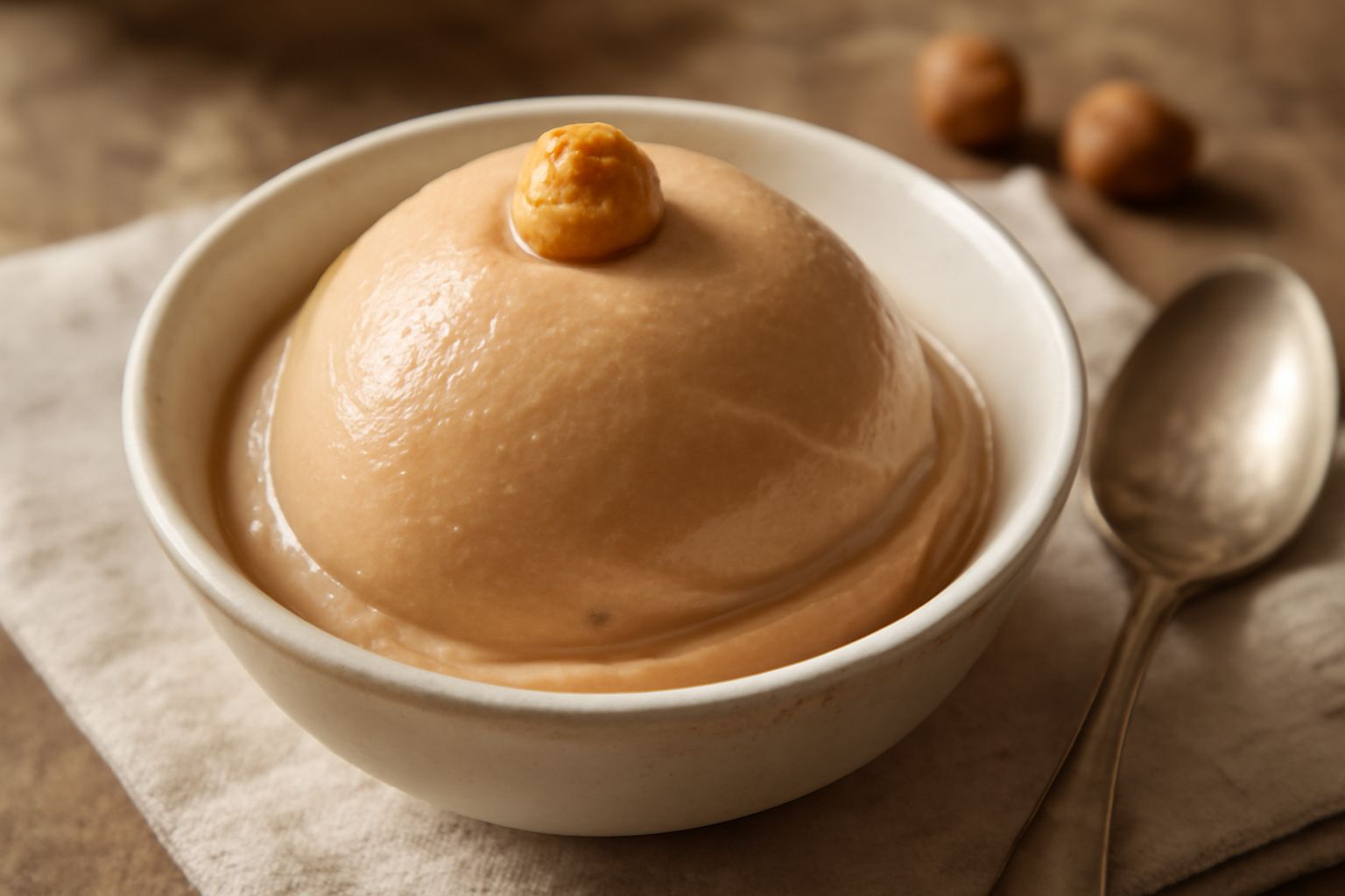 Tre coppette di gelato nocciola color marrone chiaro, cremoso e brillante, guarnito con una nocciola intera tostata sulla superficie, servito in bicchieri di vetro trasparente su un tavolo di legno sc