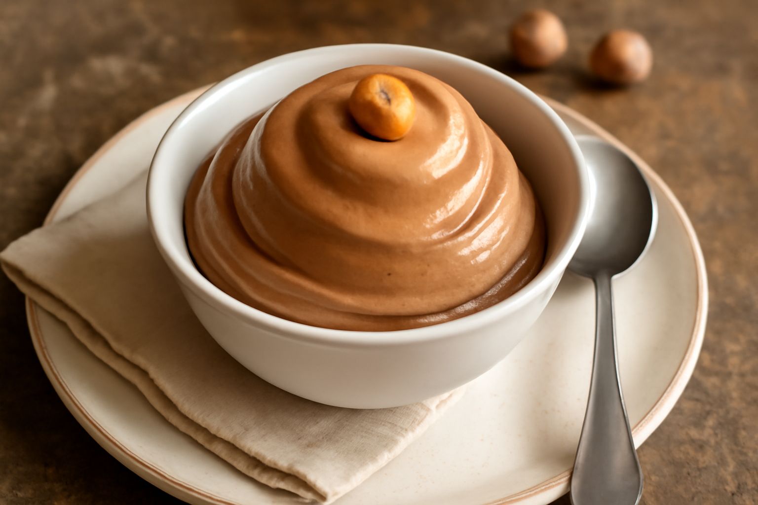 Gelato di nocciola di colore nocciola intenso e cremoso, servito in coppetta di vetro con due nocciole intere tostate come guarnizione, cucchiaio di legno appoggiato sul bordo