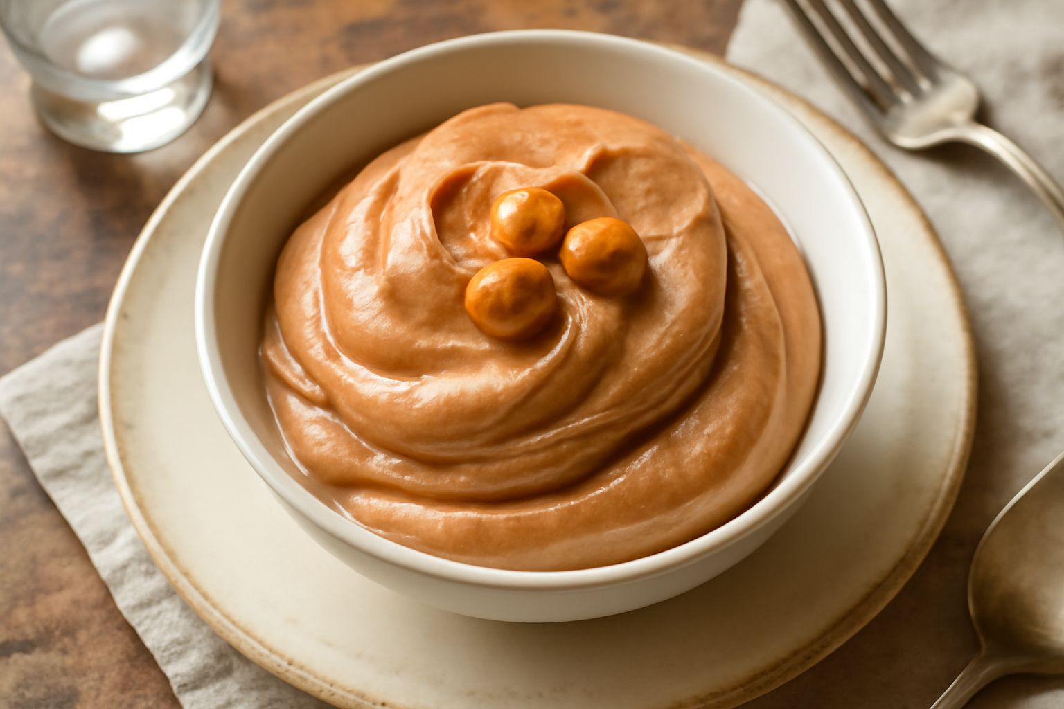 Gelato di nocciola color marrone chiaro, servito in coppetta di vetro trasparente con una pallina morbida e cremosa, guarnito da una nocciola intera e alcuni frammenti di nocciola tostata sul bordo