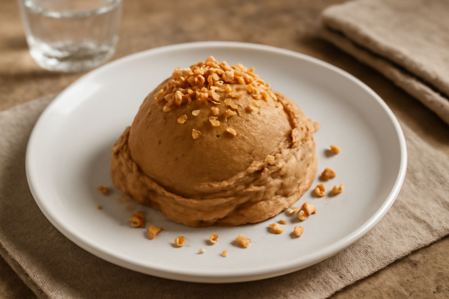 Gelato di nocciola in coppetta di vetro bianca, tre cucchiaiate morbide e cremose di colore beige scuro, guarnite con nocciola tritata sopra e un cucchiaino argentato di lato