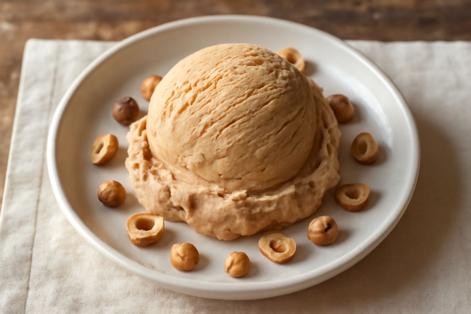 Gelato di nocciola color nocciola chiaro servito in coppa di vetro basso con tre cucchiaiate, superficie liscia e lucida, nocciolina intera come guarnizione a lato, sfondo neutro bianco