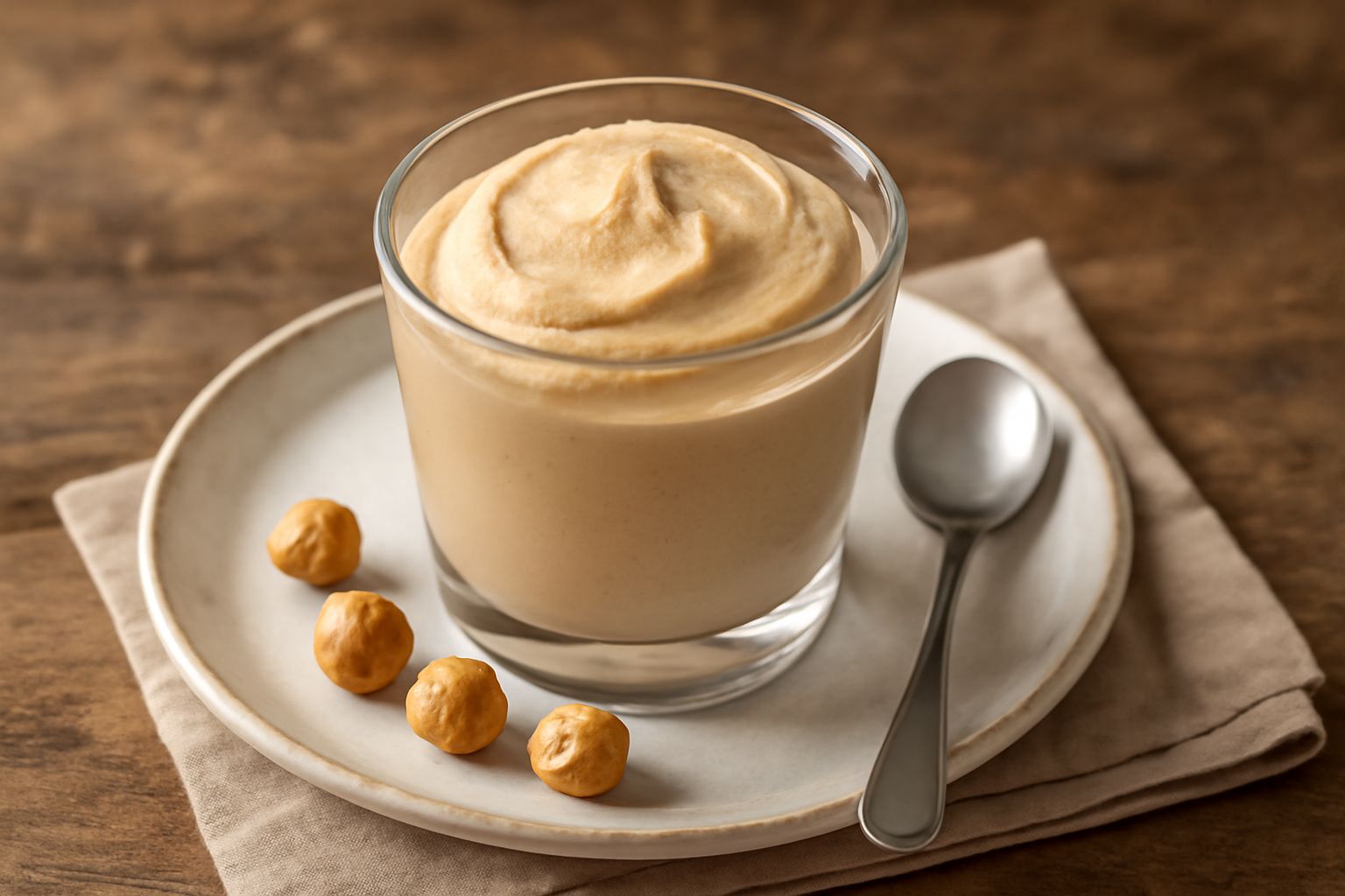 Coppetta di gelato beige dorato con nocciola di Genzano, superficie liscia e lucida, guarnito con mezzo nocciola tostata, paletta in acciaio, piatto bianco di sfondo