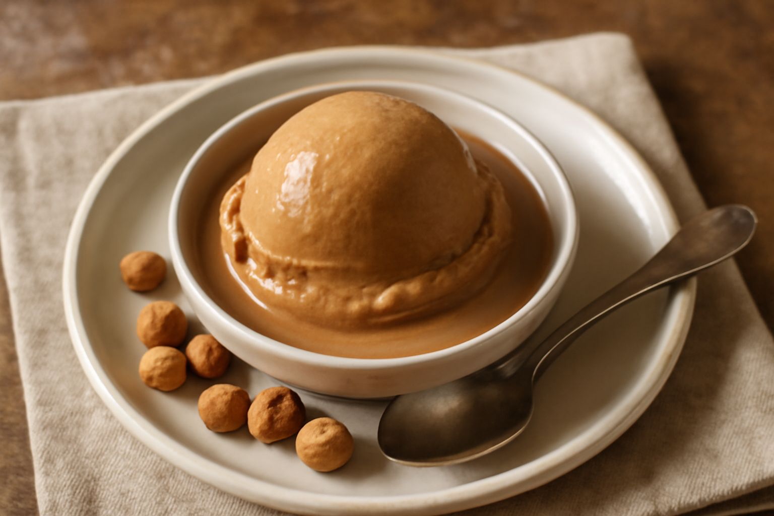Coppetta di gelato color marrone nocciola con superficie liscia e cremosa, guarnito con una nocciola intera tostata sulla cima, sfondo bianco