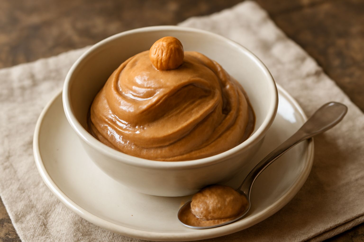 Gelato di nocciola color marrone chiaro in coppa di vetro, con superficie liscia e lucida, guarnito con una nocciola tostata intera, fondo bianco