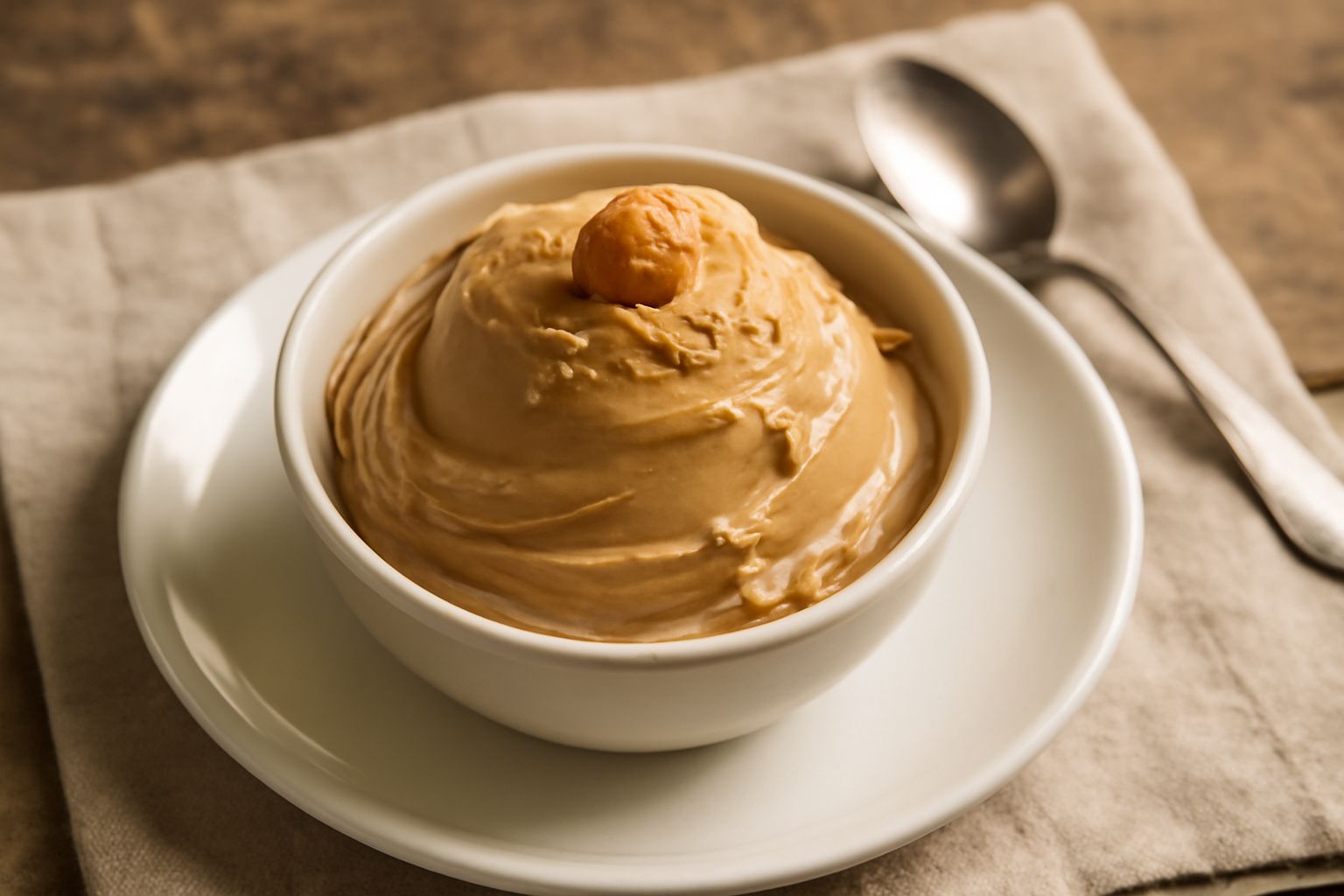 Coppetta di gelato color marrone dorato con superficie liscia e cremosa, guarnito con una nocciola intera croccante sul bordo, in sfondo neutro bianco