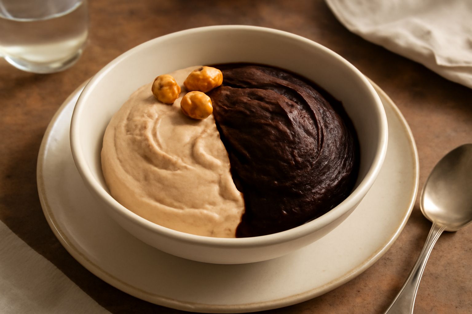 Coppa di gelato bicolor: nocciola color avorio cremoso e cacao marrone scuro, guarnito con nocciola sgusciata intera, servito in coppetta di vetro trasparente su tavolo bianco