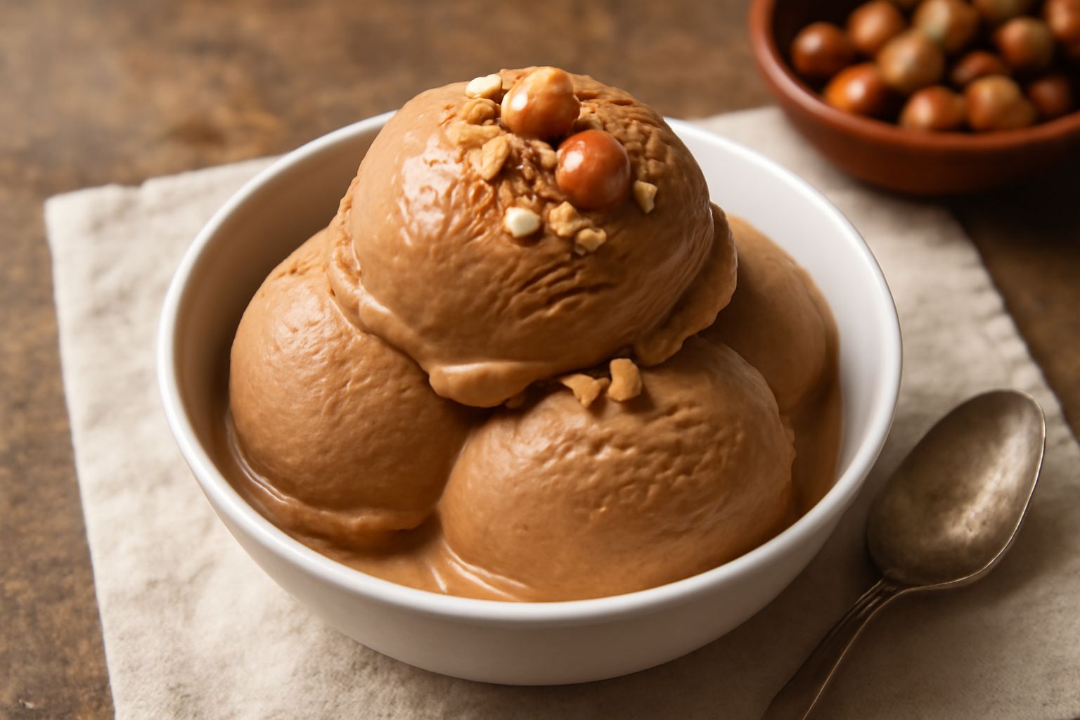 Ciotola di gelato marrone marmorizzato con due cucchiaiate di gelato di nocciola e caffè, servito in piatto bianco, con chicchi di caffè e nocciole sgusciate a decorazione
