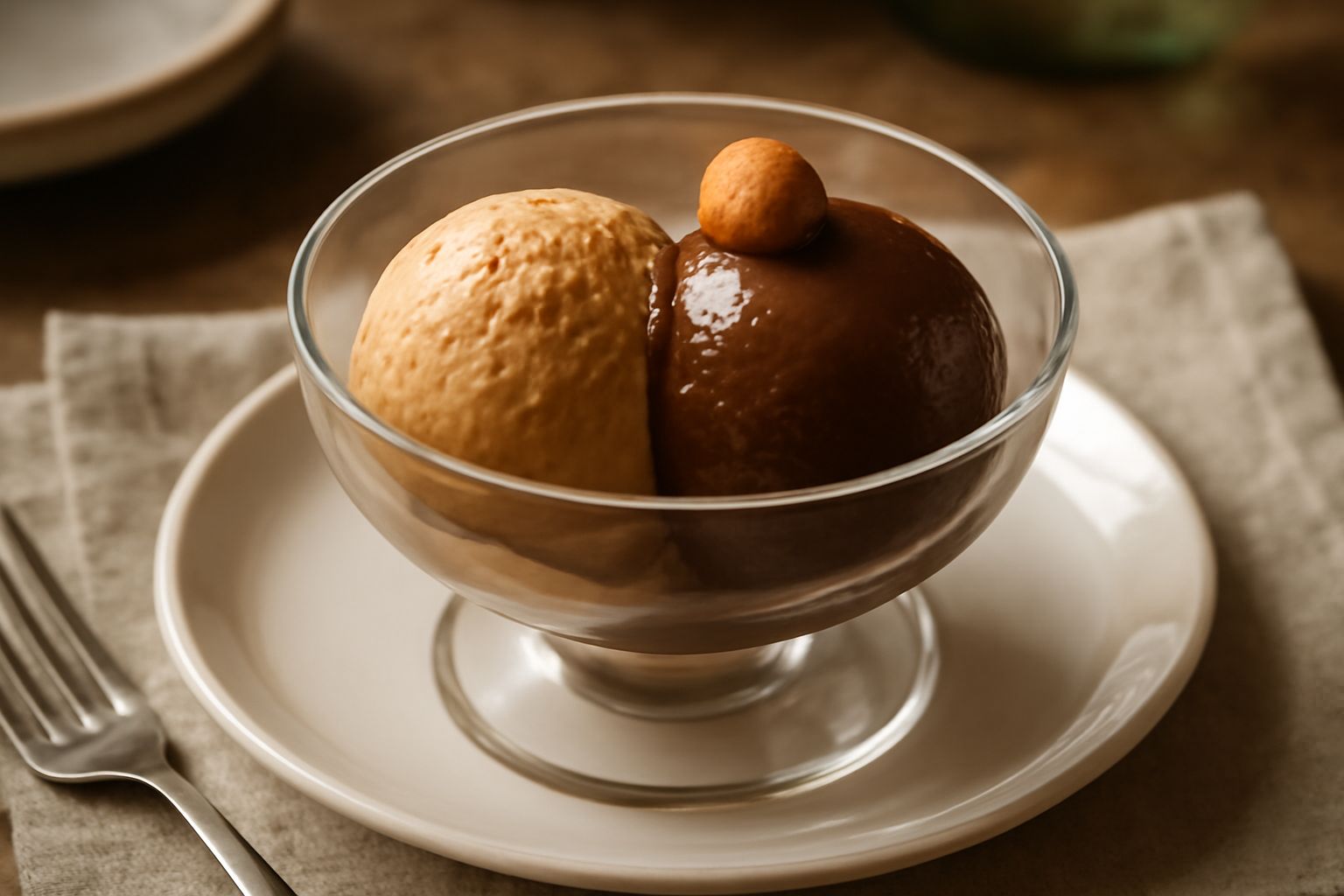 Gelato nocciola e cioccolato in coppa di vetro trasparente, con due palline ben formate di colore marrone nocciola e marrone scuro, guarnito con una nocciola tostata intera sulla sommità, piatto bianc