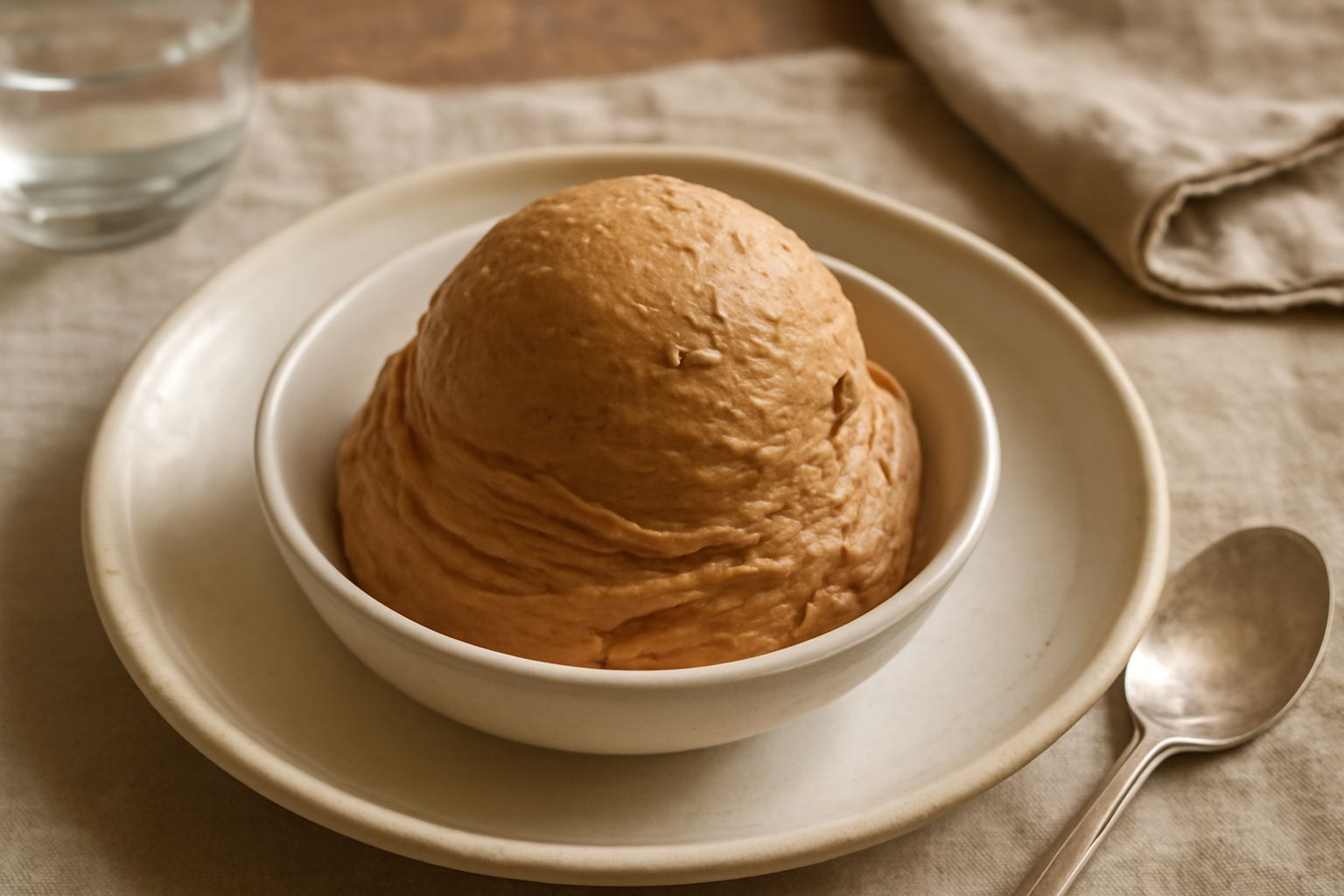 Gelato di colore marrone chiaro con sfumature grigiastre, servito in coppetta di vetro con tre cucchiaiate di gelato arrotondato, guarnito con una nocciola intera sulla sommità e qualche goccia di sci