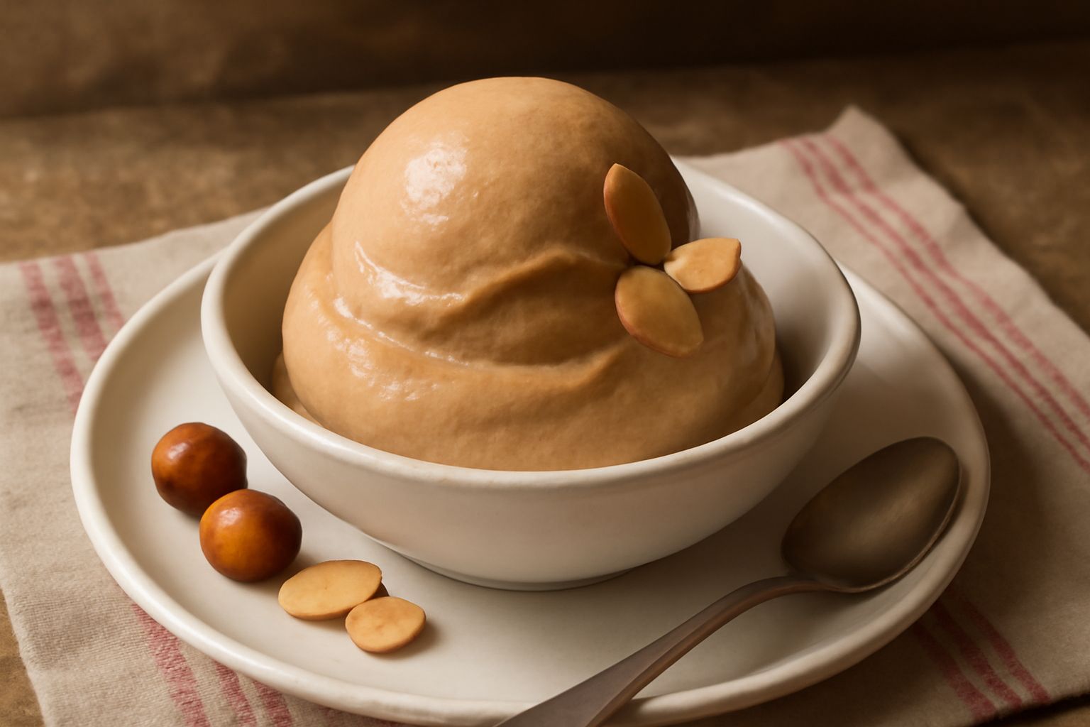Gelato di nocciola e mandorla color beige-marrone in coppa di vetro, servito con una pallina rotonda e liscia, due piccoli biscotti al dito accanto, su tavolo di legno chiaro con luce naturale