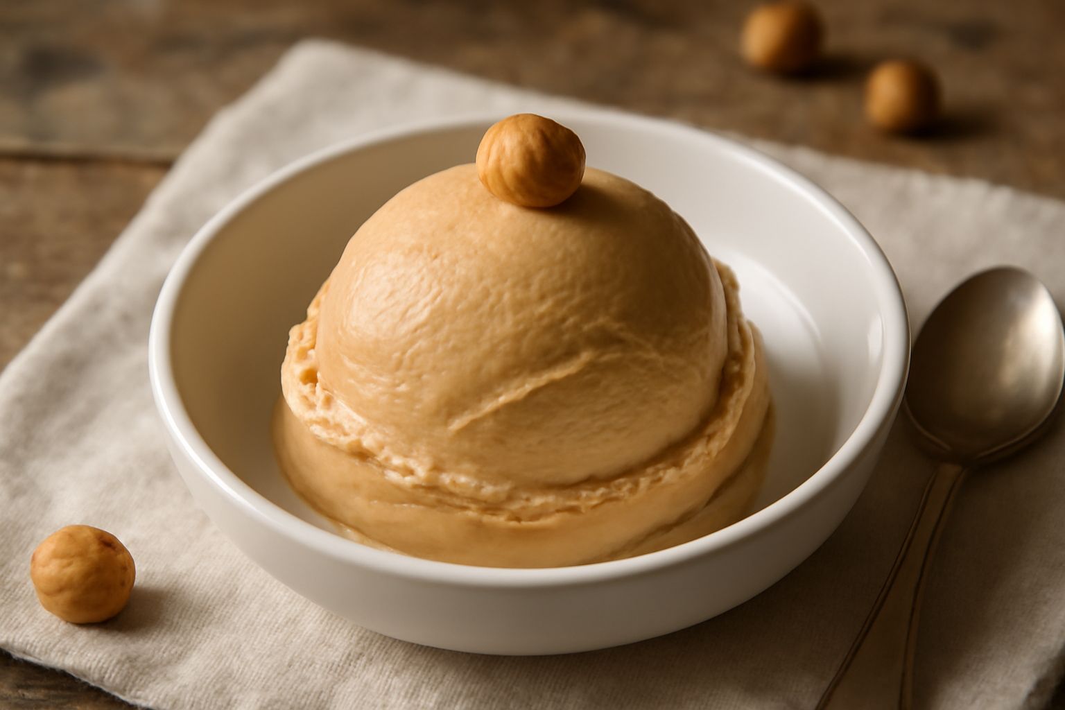 Gelato di nocciola friulana di colore beige intenso, servito in una coppetta bianca, con una pallina arrotondata liscia e cremosa, guarnito con una nocciola intera croccante sulla parte superiore