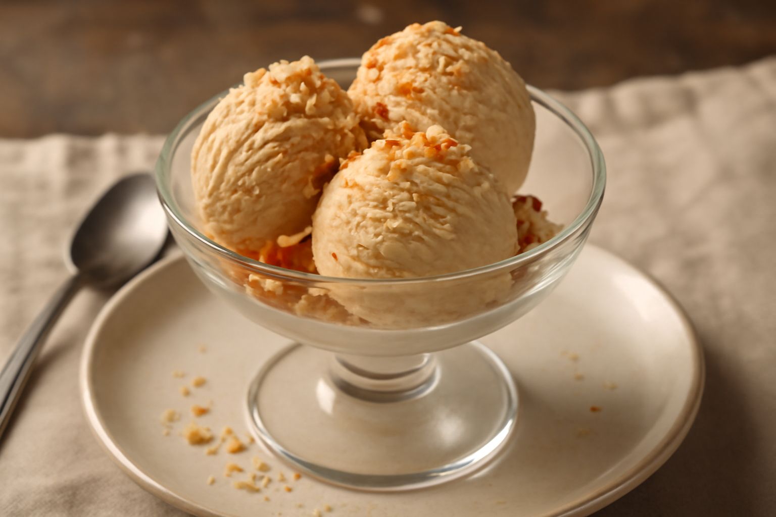 Gelato di nocciola color beige dorato in coppa di vetro, tre palline tondeggianti, rigatino naturale di nocciola tostata sulla superficie, cucchiaio di legno appoggiato al bordo, sfondo bianco