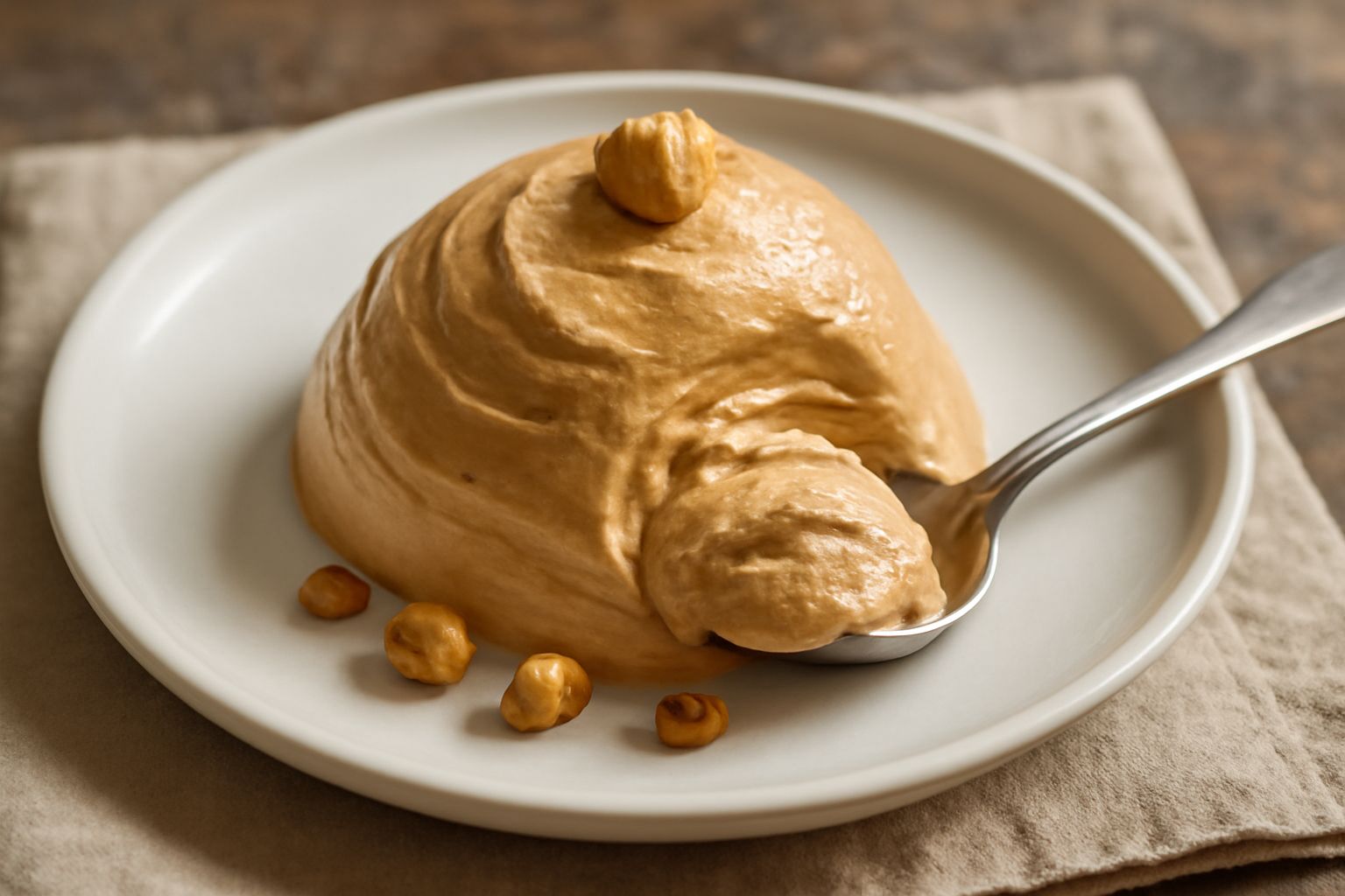 Coppa di vetro con tre cucchiaiate di gelato di nocciola di colore marrone scuro, satinato al cucchiaio, guarnito con granella di nocciola croccante. Sfondo bianco neutro.