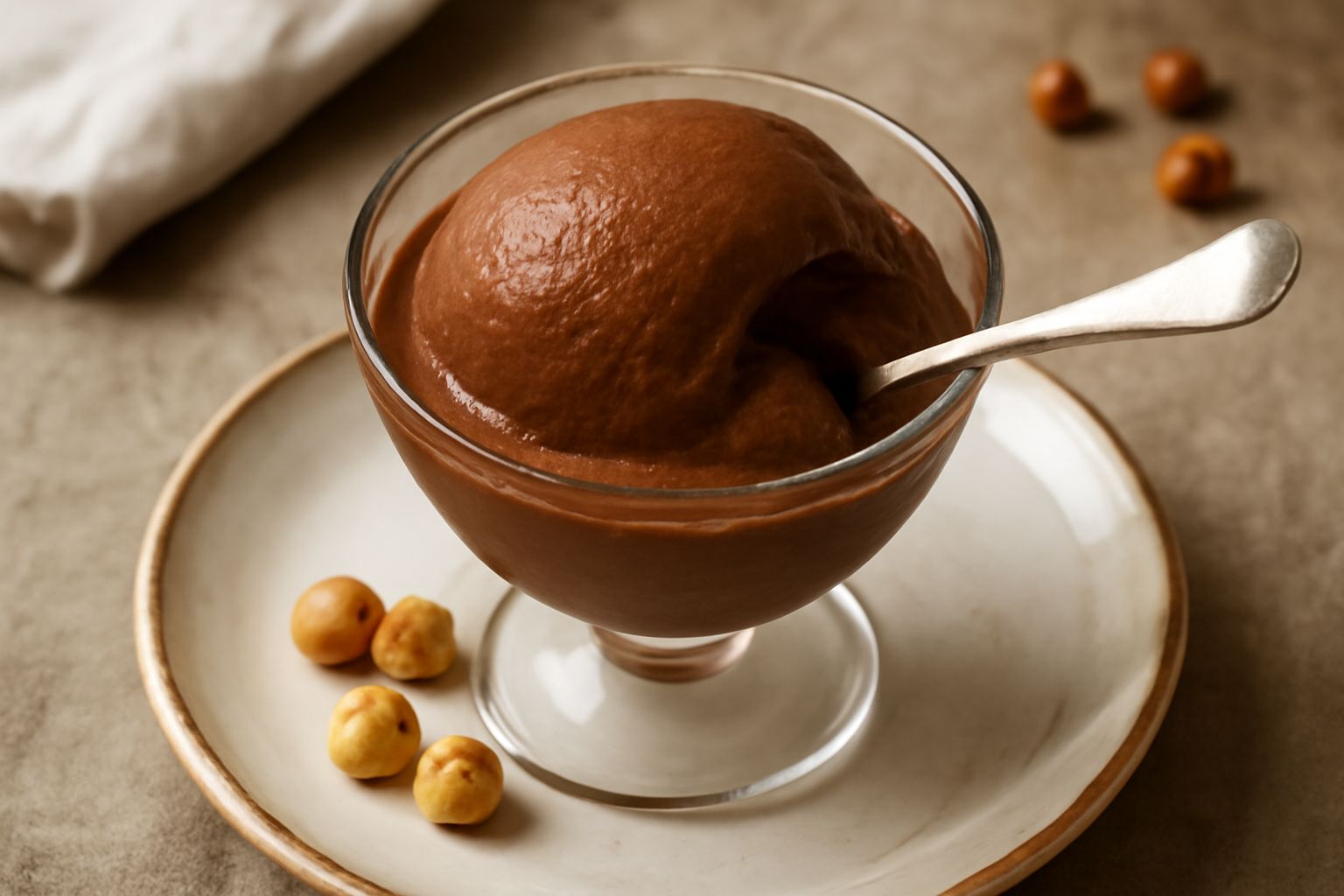 Una coppa di gelato marrone scuro con tre palline di gelato di nocciola cremoso, una cucchiaiata di gelato dentro la coppa, superficie liscia e uniforme, cialda al wafer color avorio sul bordo, sfondo