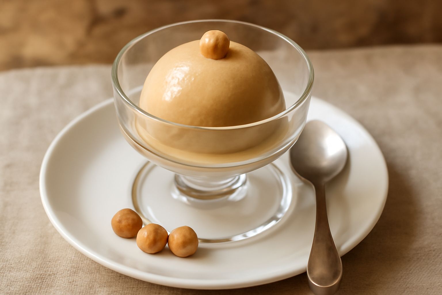 Gelato di nocciola di colore marrone nocciola chiaro, servito in una coppa di vetro con una pallina sferica, superficie liscia e lucida, con una nocciola intera poggiata al lato della coppa su piatto 