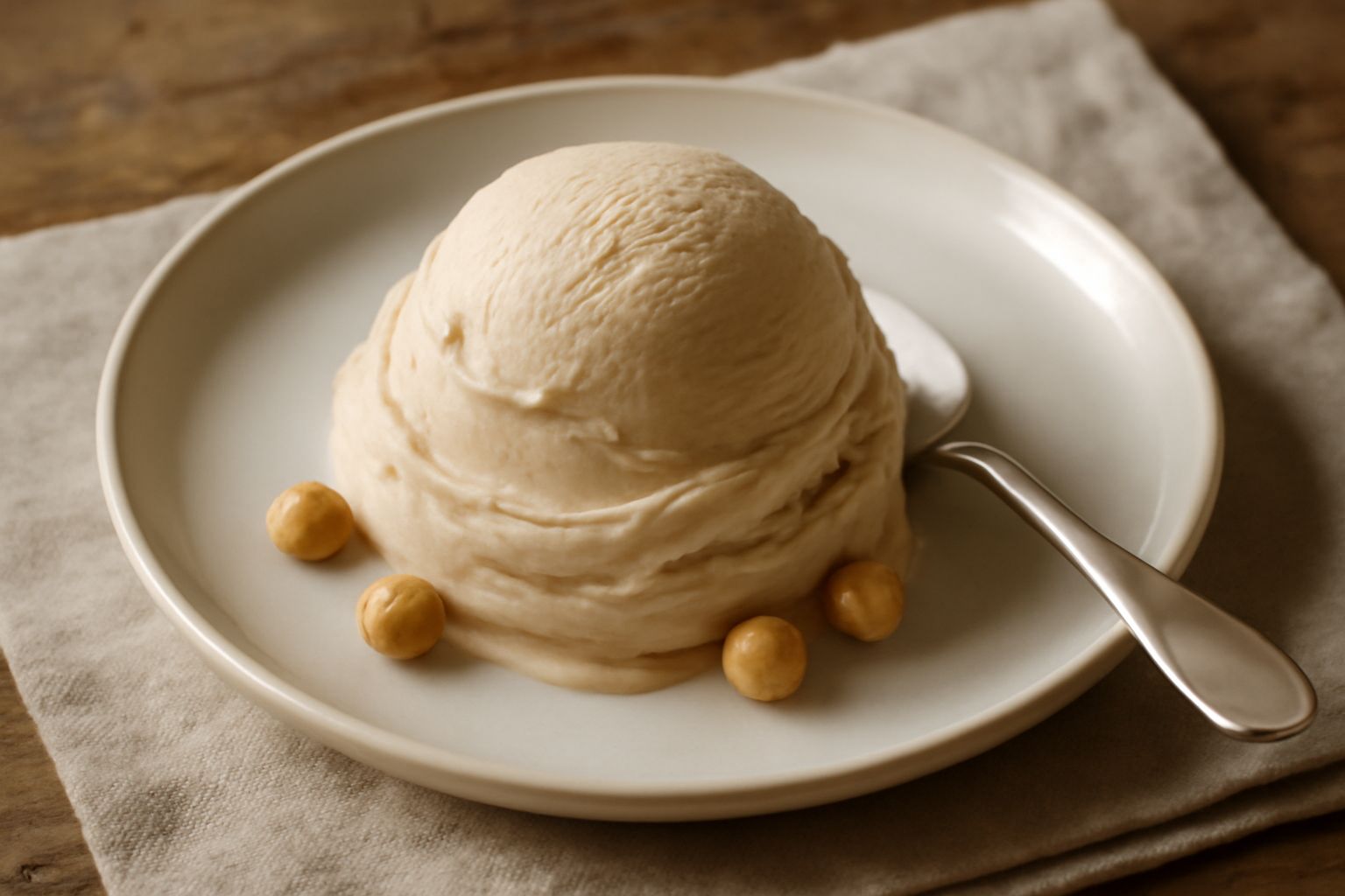 Coppetta di gelato di nocciola piemontese color avorio tendente al marrone, cremoso e denso, servito con una nocciolina intera appoggiata sopra, in cono di cialda croccante su sfondo grigio