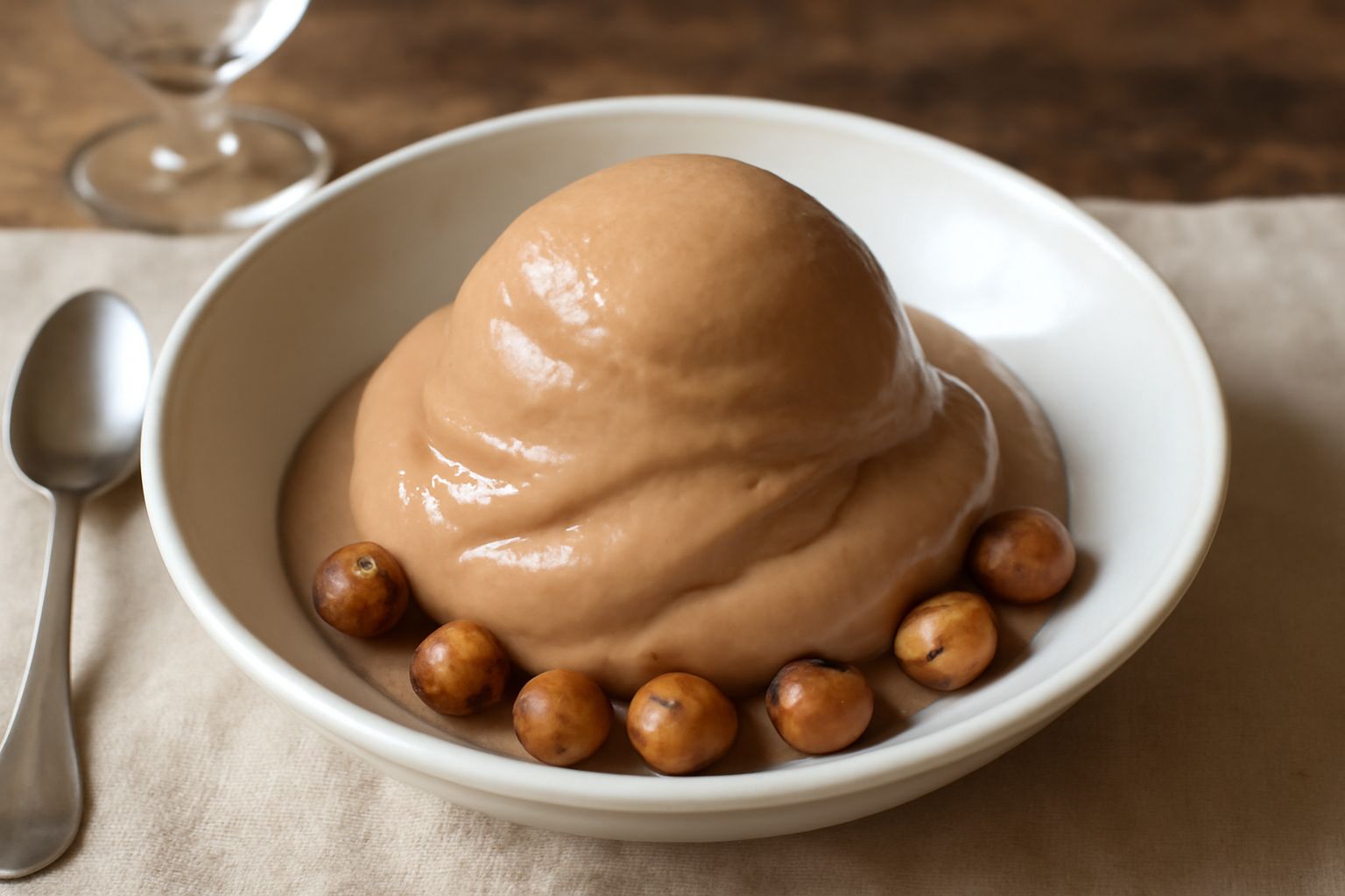 Gelato di nocciola roma in coppa di vetro, di colore marrone nocciola chiaro, con superficie liscia e lucida, servito con cucchiaio di legno su tavolo bianco