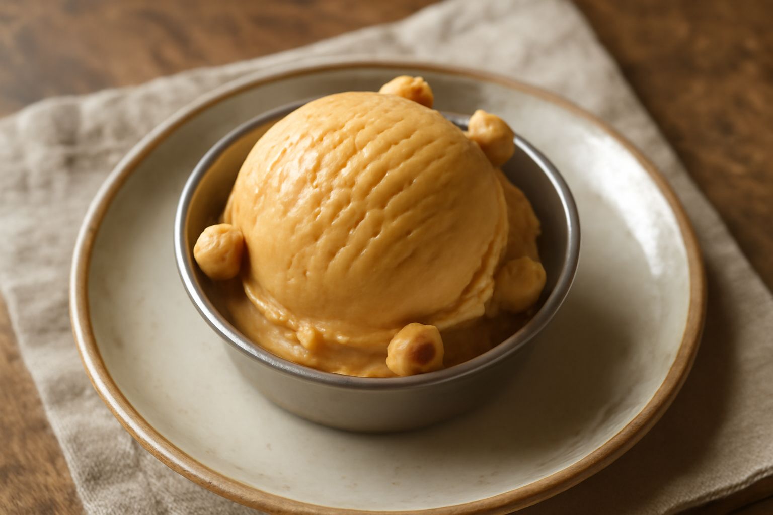 Coppetta di gelato nocciola tonda color beige dorato, con superficie liscia e lucida, una pallina tonda con profonde righe della spatola, servito in bicchiere trasparente